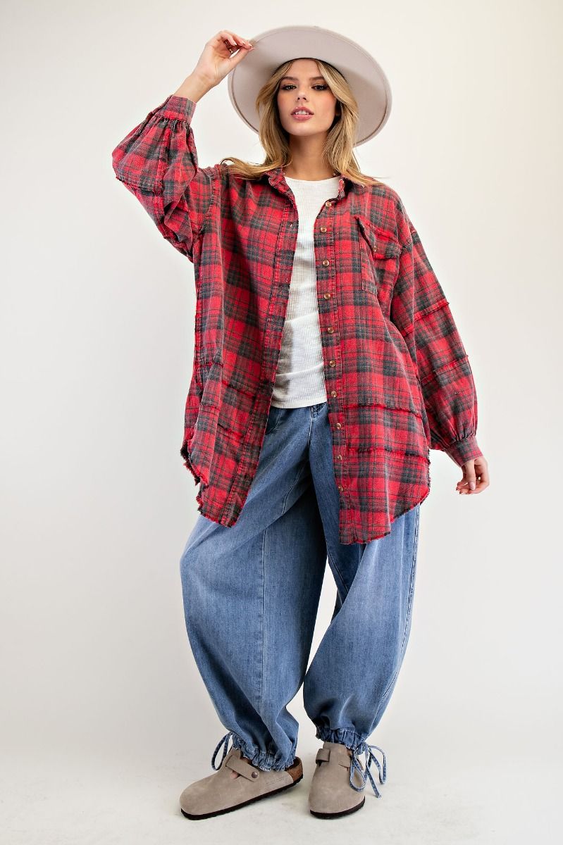 Red Plaid Frayed Long Flannel