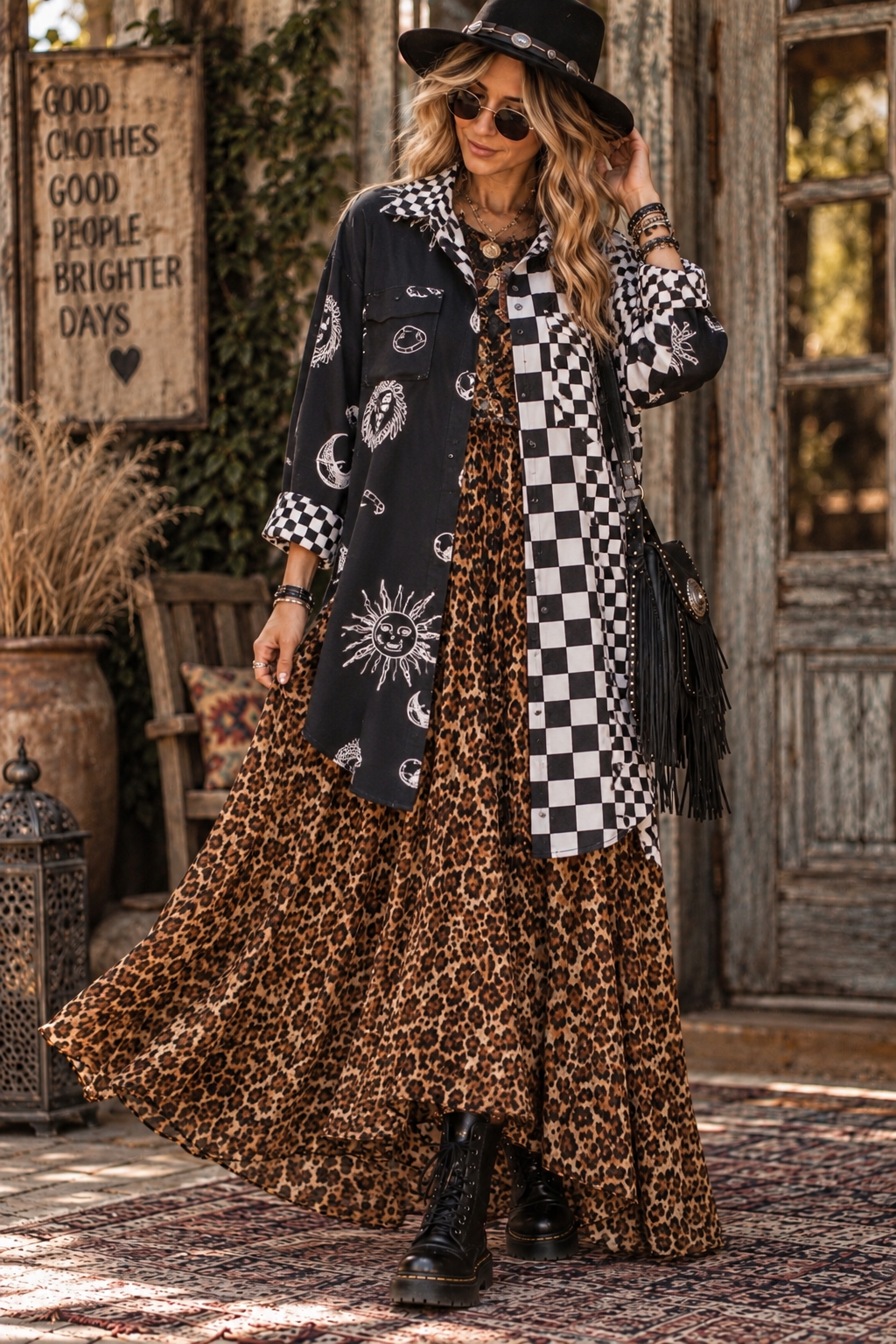 MIXED PRINT OVERSIZED BUTTON SHIRT: BLACK/WHITE