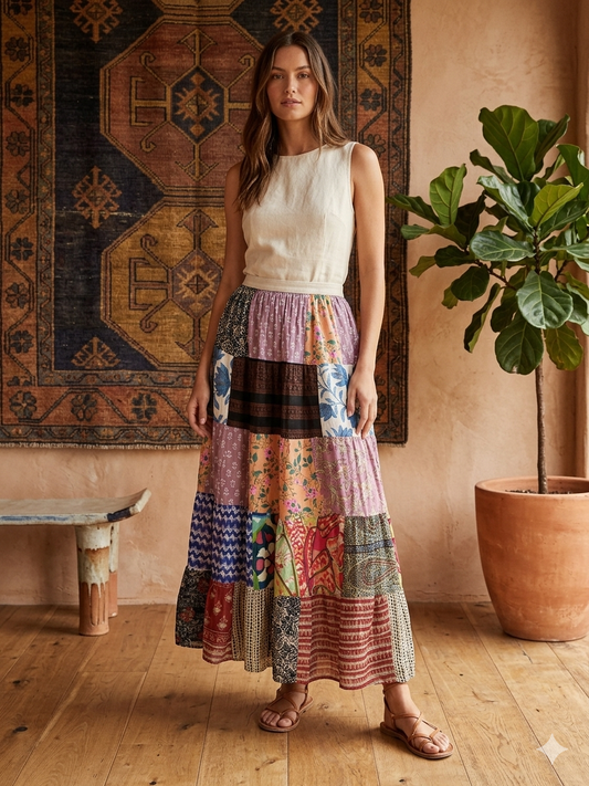 Candace Patchwork Cotton Maxi Skirt Assorted One Size Fits a Small to XL Size 2-14