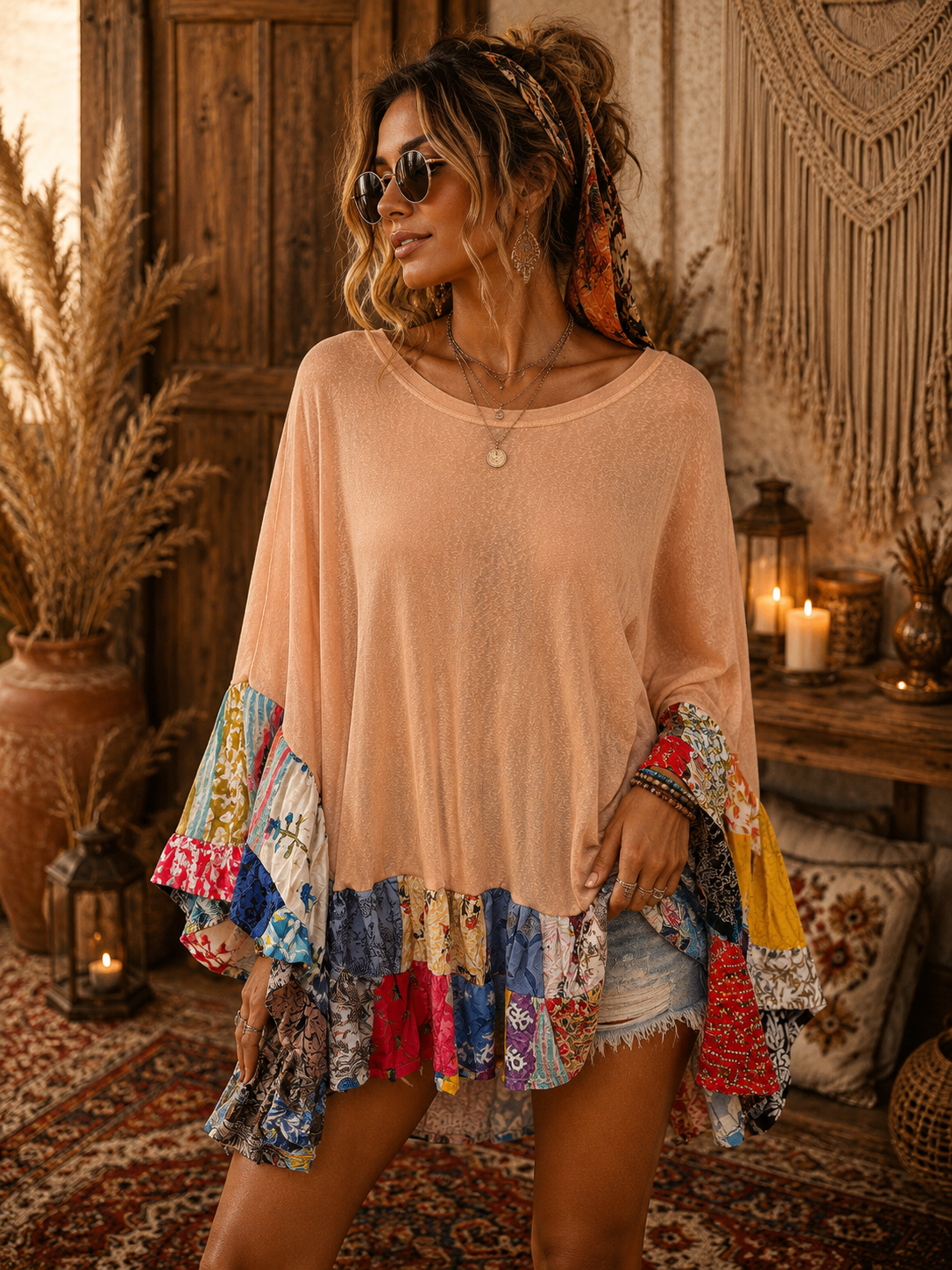 Kristi Upcycled Patchwork Circle Poncho One Size Fits Most