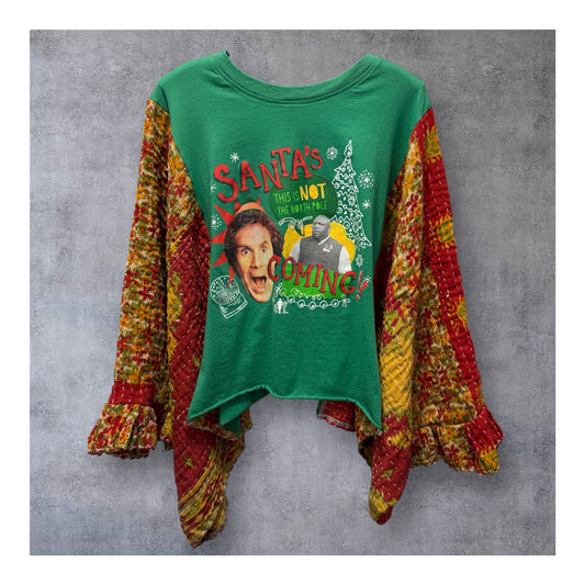 Santa’s Coming Upcycled Vintage Kantha Quilt FLARE SLEEVE Poncho Tee One Size Fits a Small to XXL