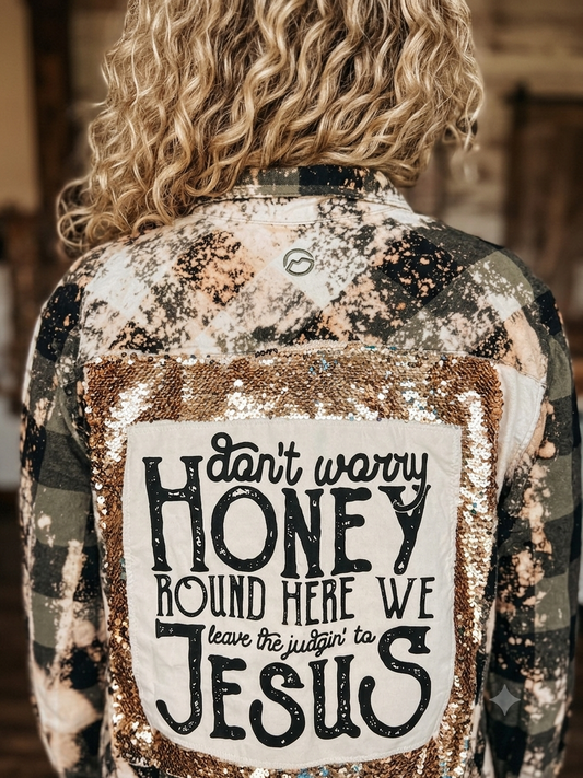 Honey Jesus Flashy Flannel with Sequin Panel Small to XL 4-14