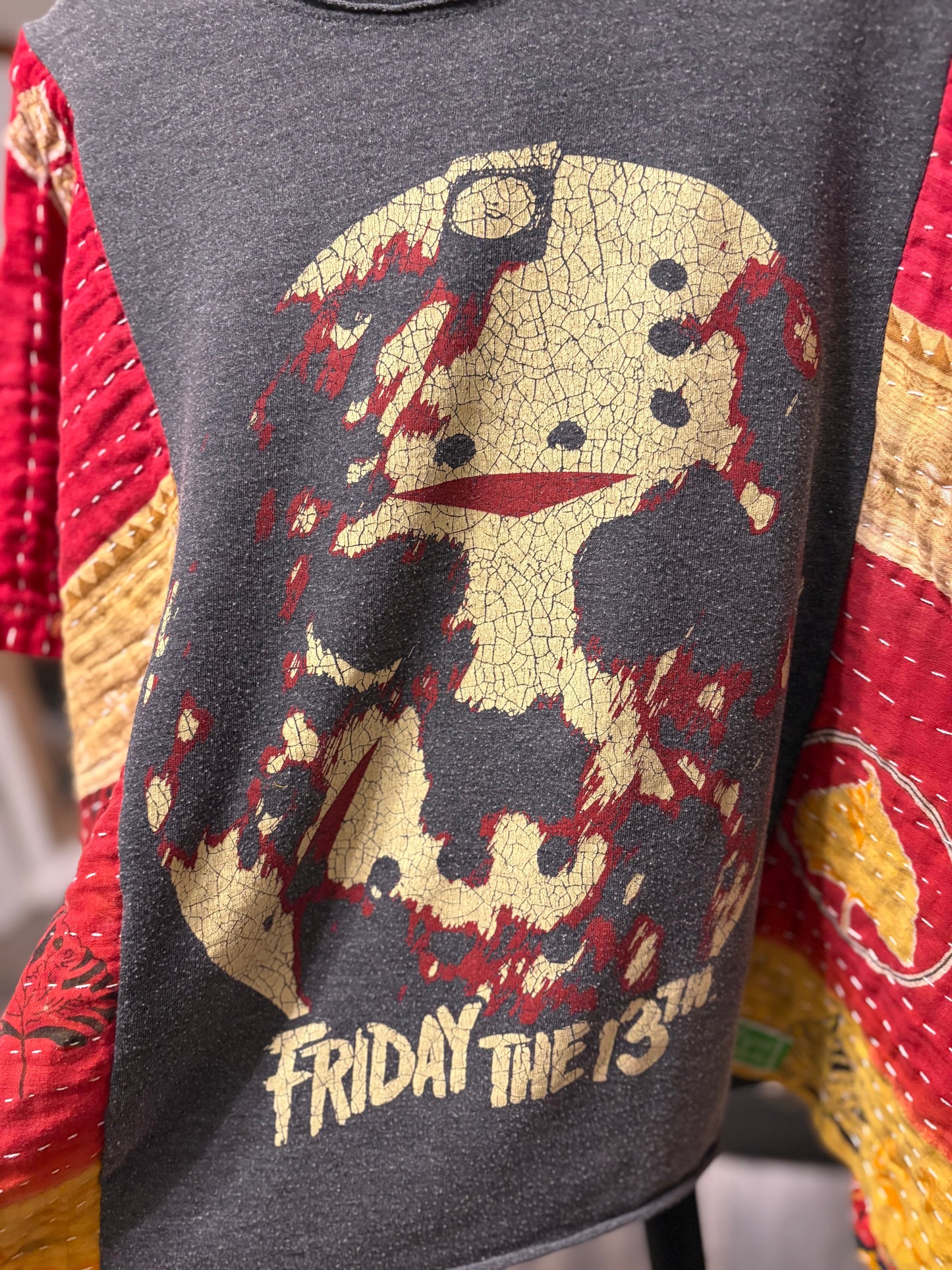 Friday the 13th Upcycled Vintage Kantha Poncho Tee Fits A Size Small to XXL