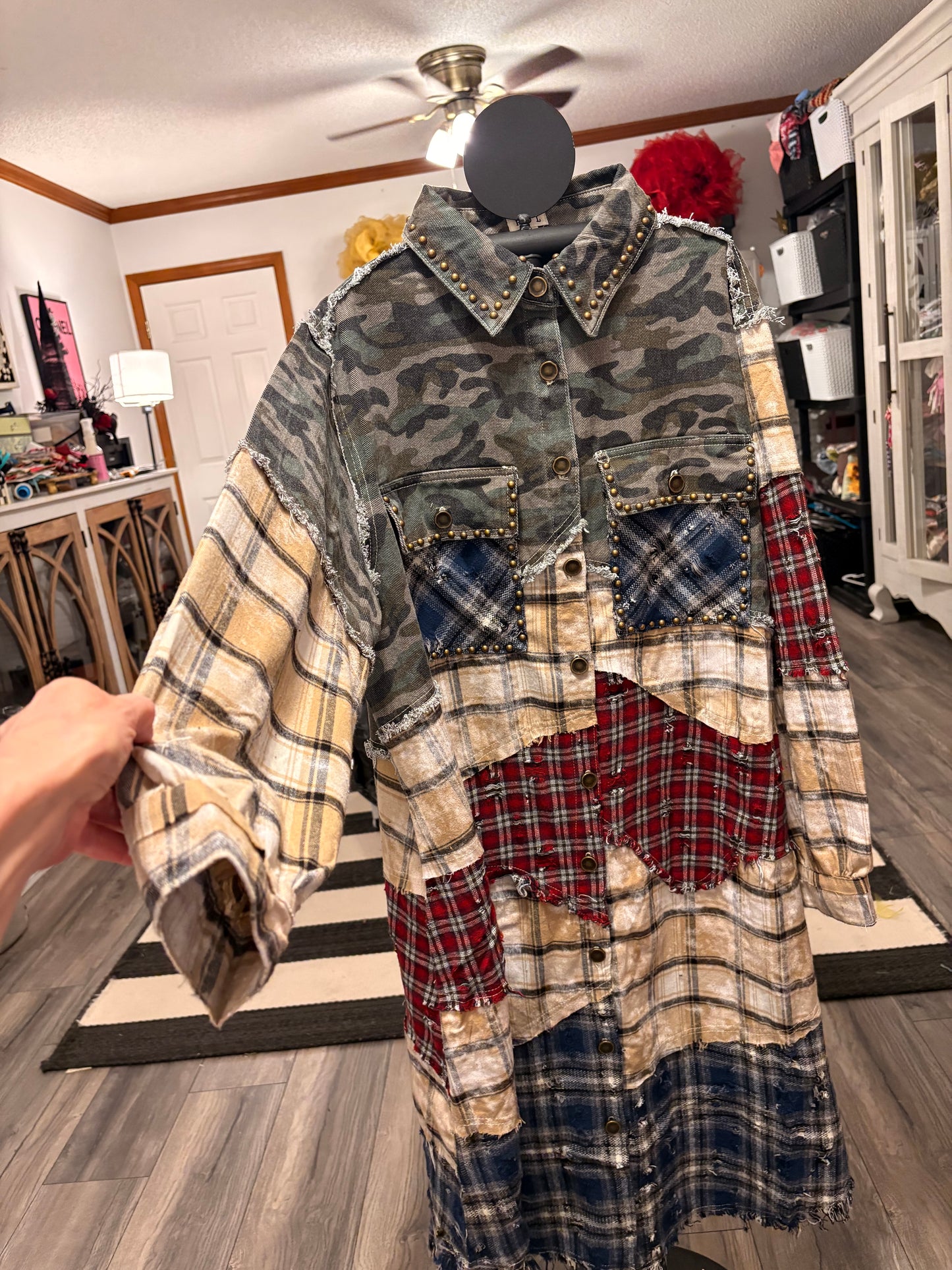 Long Sleeve Plaid Woven Varied Patchwork Maxi Shirt Jacket: CAMO MULTI / M
