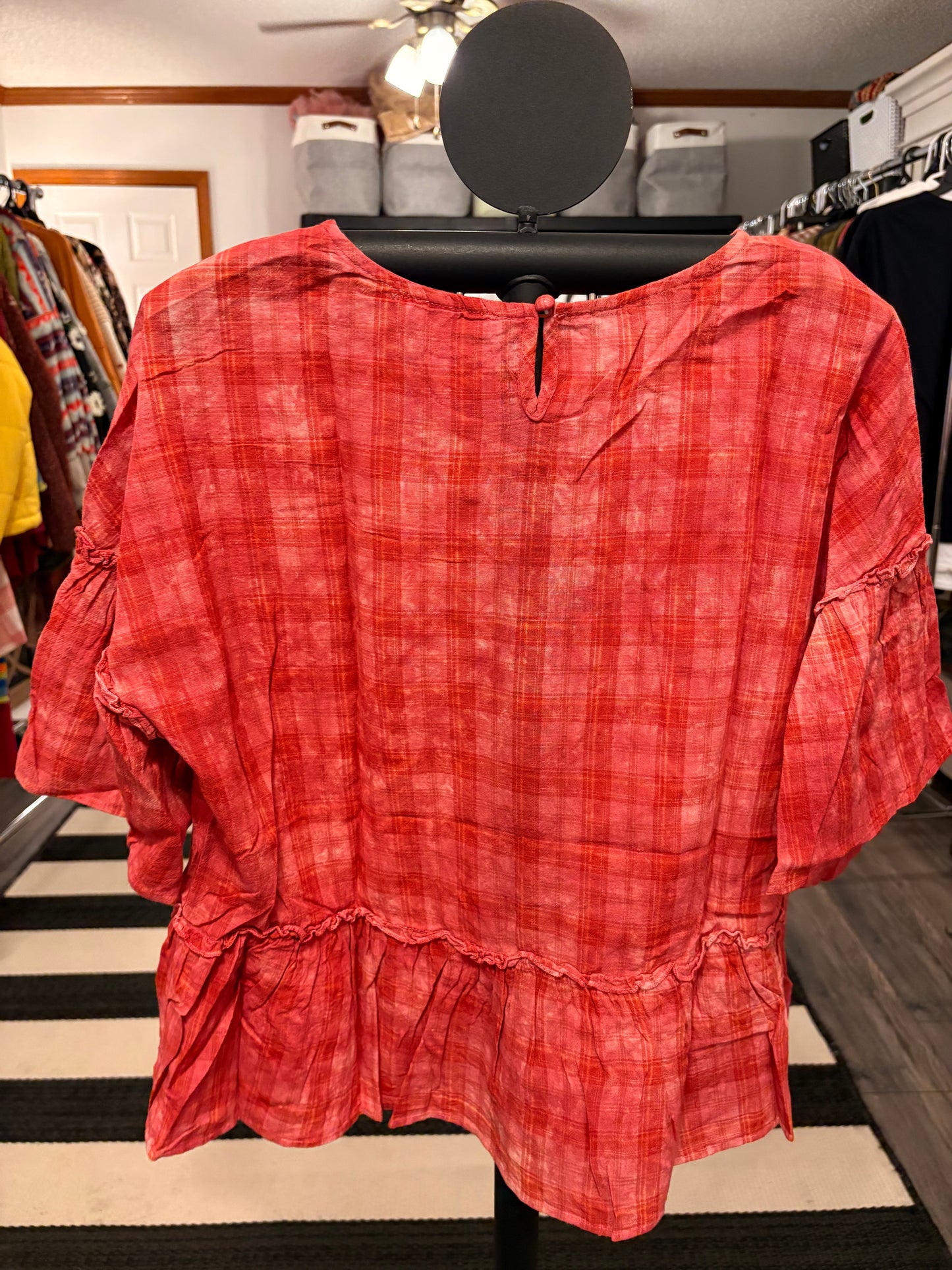 Raspberry Plaid Ruffle Top Small