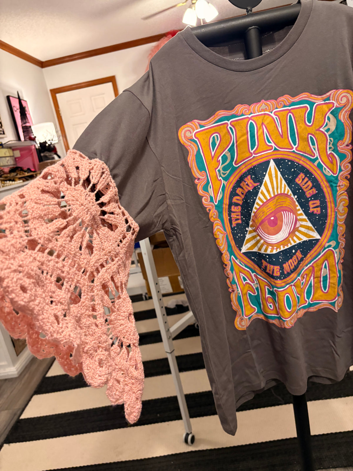 Pink Side of the Moon Glam Crochet Sleeve Tee One Size Fits a Small to XL