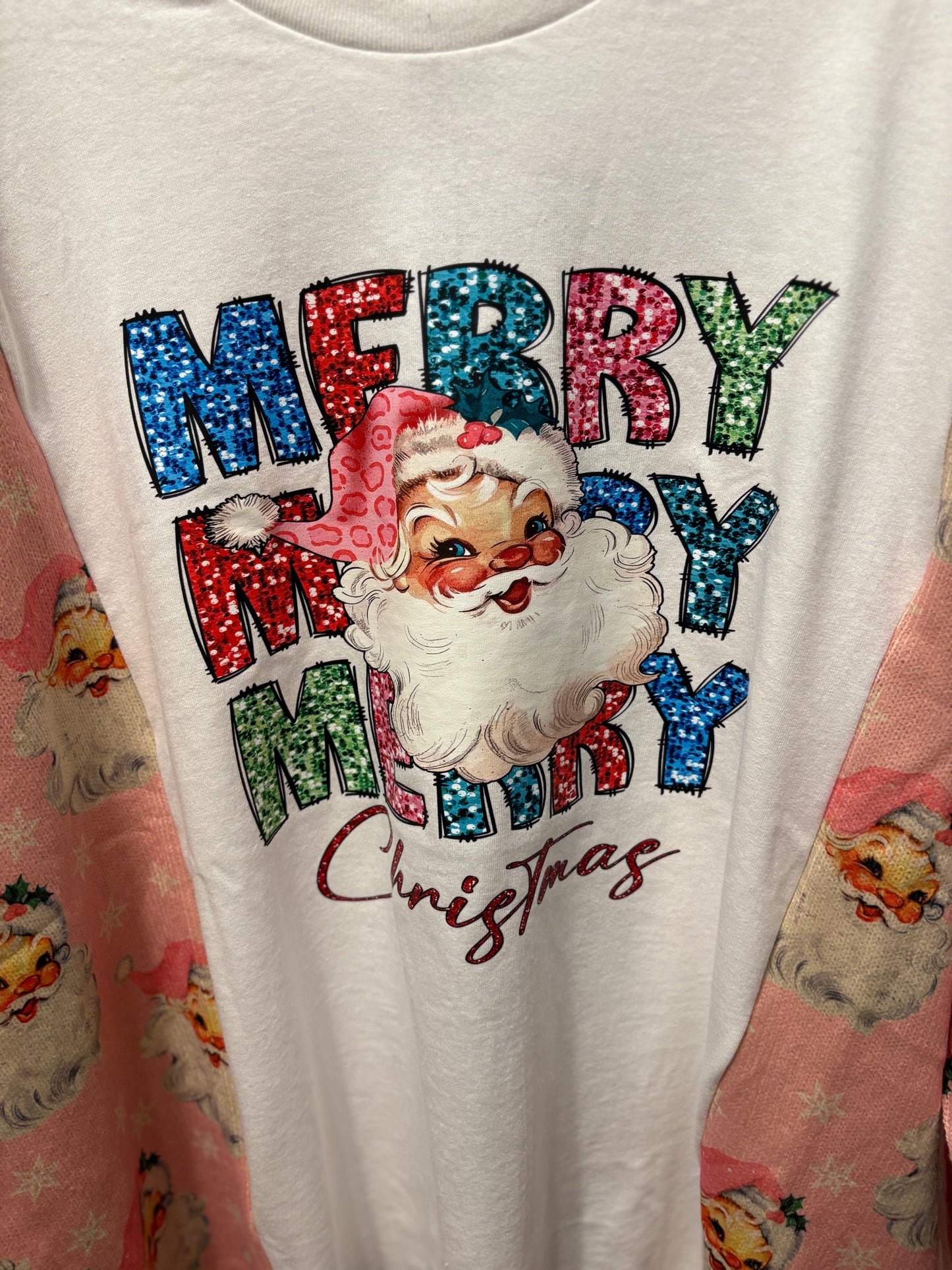 Merry Merry Merry Upcycled Drop Sleeve Tee Sweater One Size Fits a Small to XXL