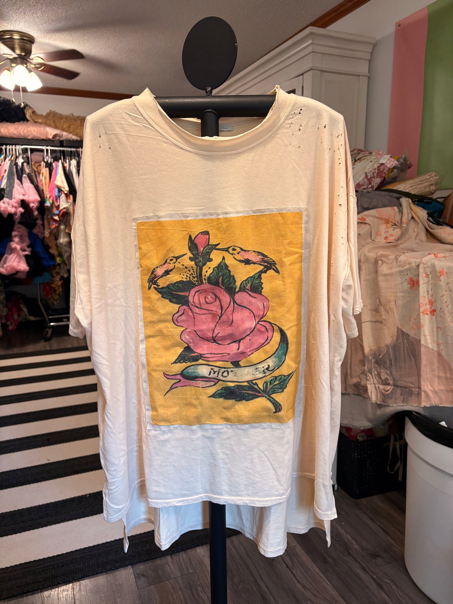 Tee with Colorful Patchwork Rose Print