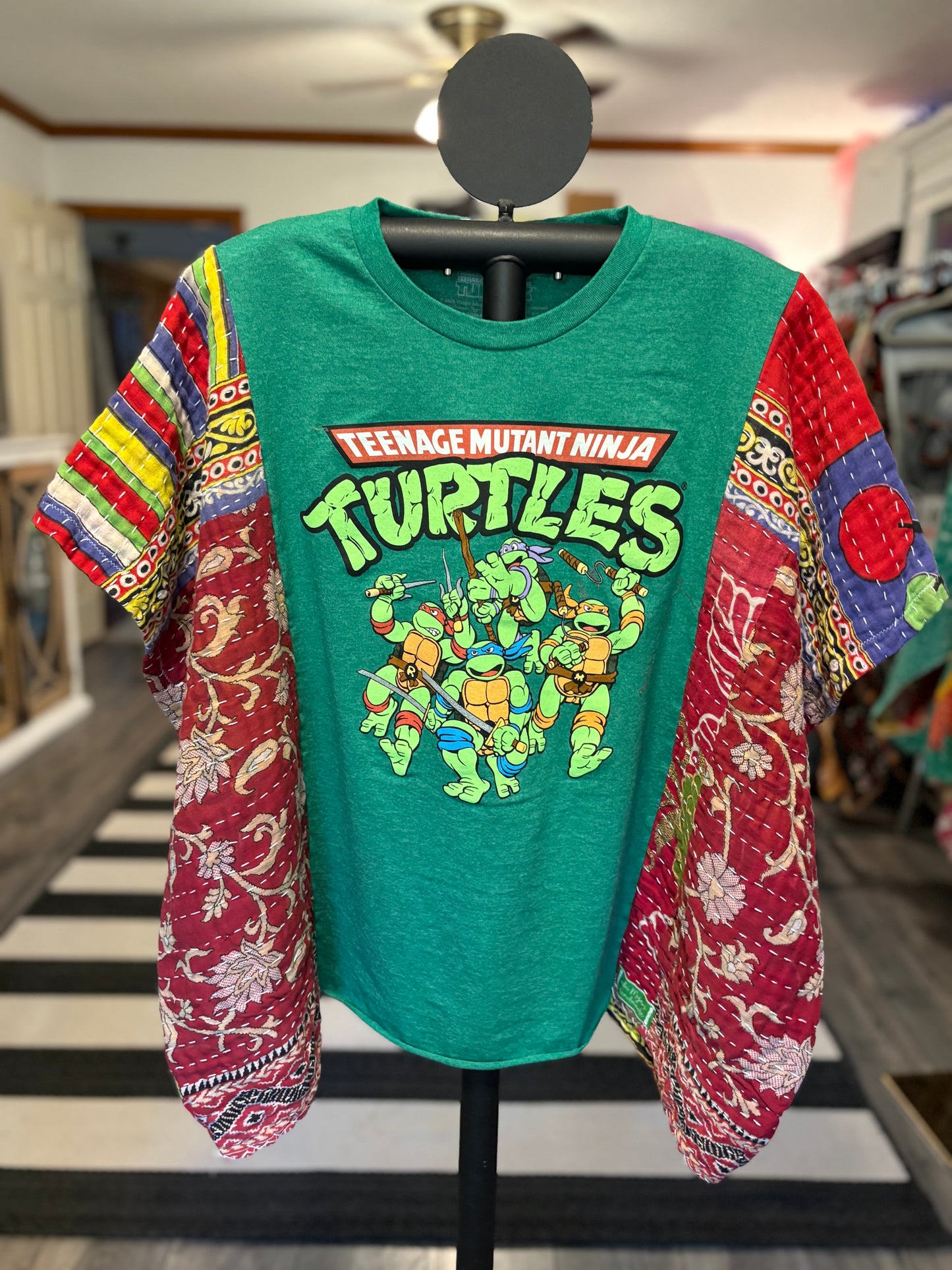 Teenage Mutant Ninja Turtles Upcycled Vintage Kantha Poncho Tee Fits A Size Small to XL