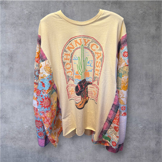 Walk The Line Upcycled Frayed Patchwork Tee One Size Fits a Large to 3X