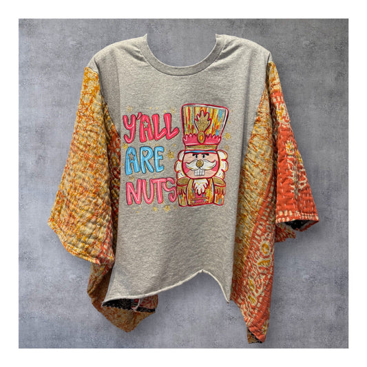 Yall Are Nuts Upcycled Vintage Kantha Quilt Poncho Tee One Size Fits a Small to XXL