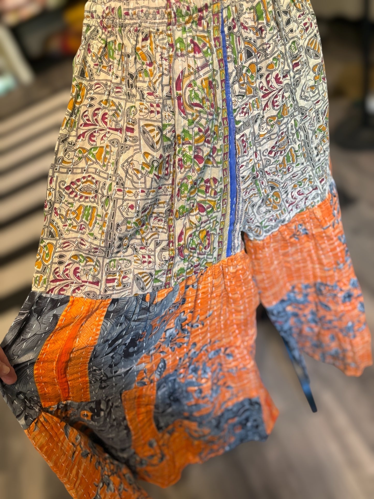 Corrin Kantha Flowy Tiered Reversible Palazzo Pant with Pockets: One Size Fits Size 6-16