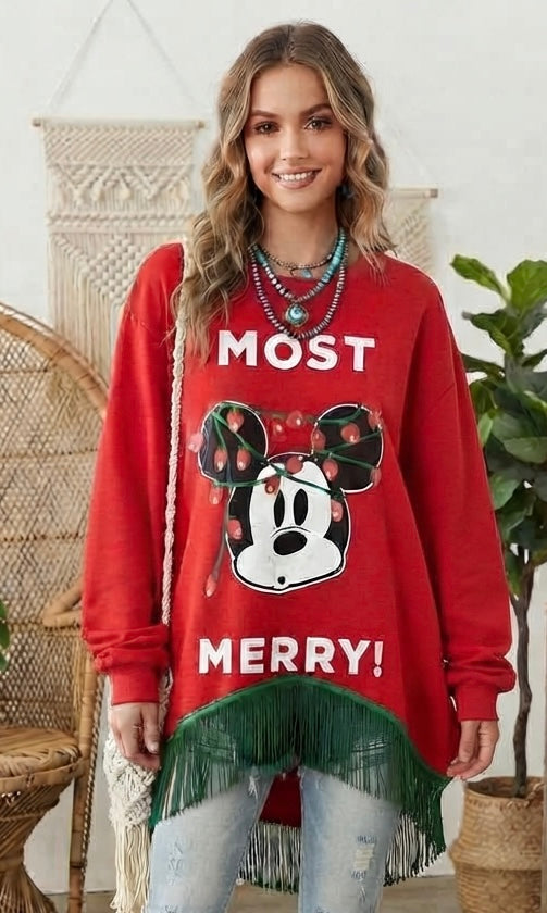 Most Merry Hi/Lo Glam Fringe Sweatshirt One Size Fits a Small to XL