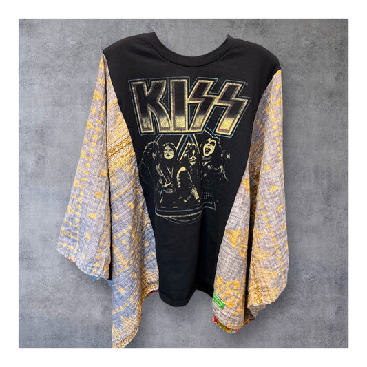 Kiss Upcycled Vintage Kantha Quilt Poncho Tee One Size Fits a Large to 3X
