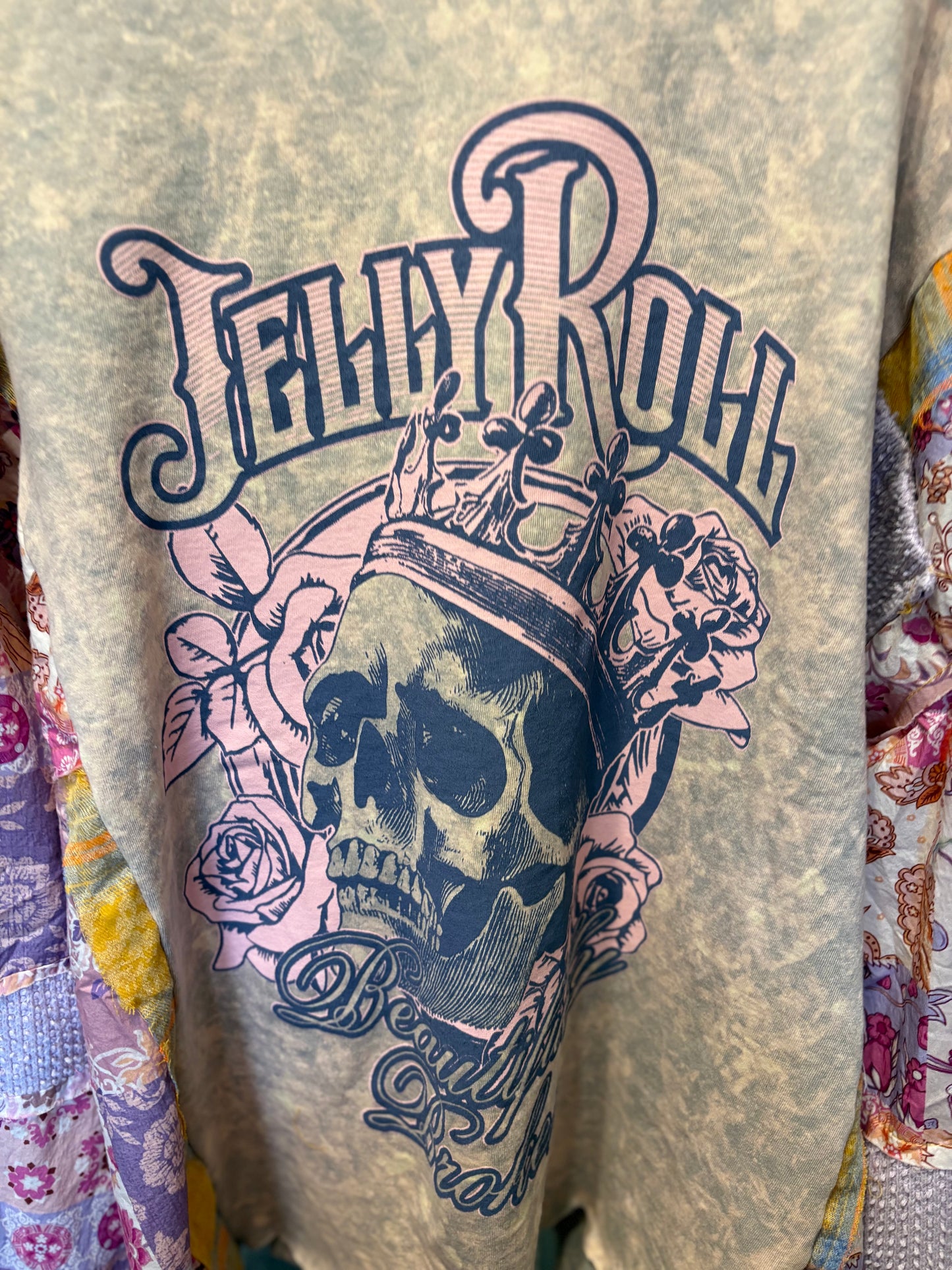 Hard Fought Upcycled Frayed Patchwork Tee One Size Fits a Large to 3X