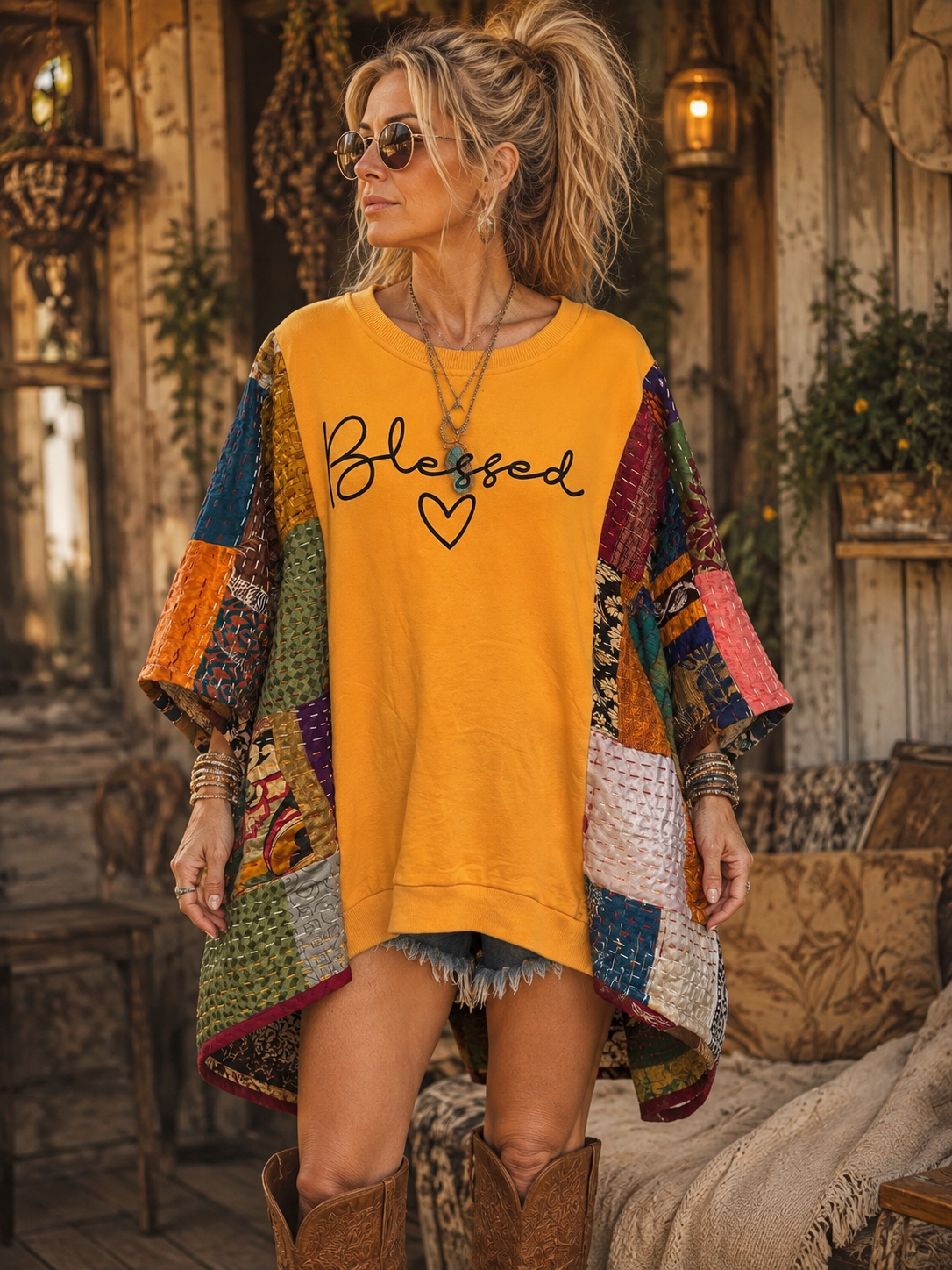 Blessed Upcycled Silk Patchwork Kantha Poncho One Size Fits a Small to 3X