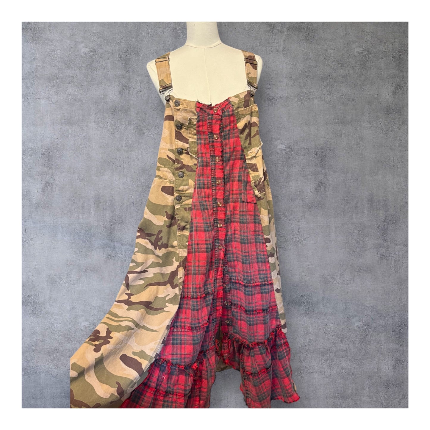 Flannel and Camo Upcycled Patchwork Overall Dress One Size Fits a Medium to XXL