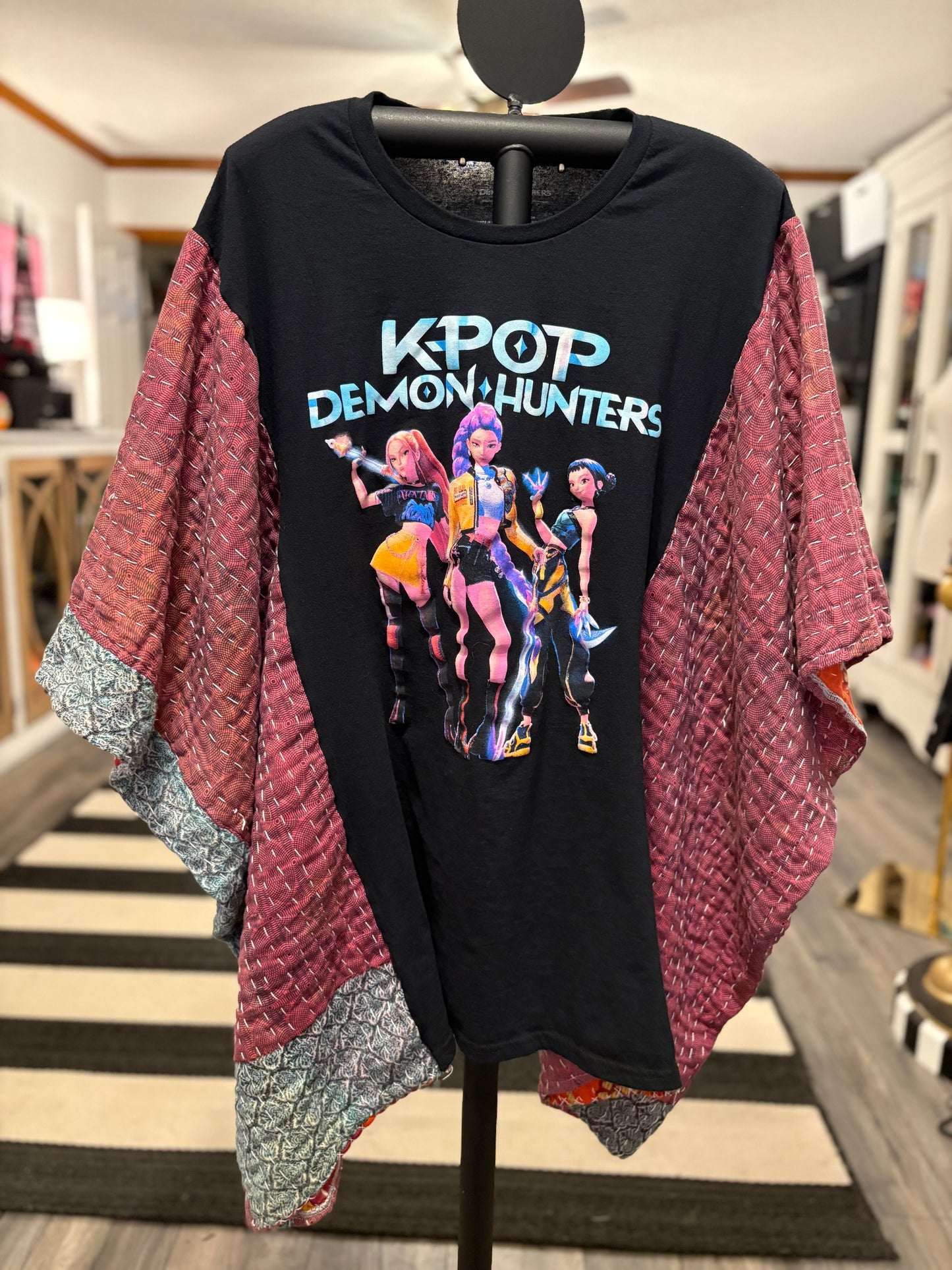 K-pop Upcycled Vintage Kantha Quilt Poncho Tee One Size Fits an XL to 4X