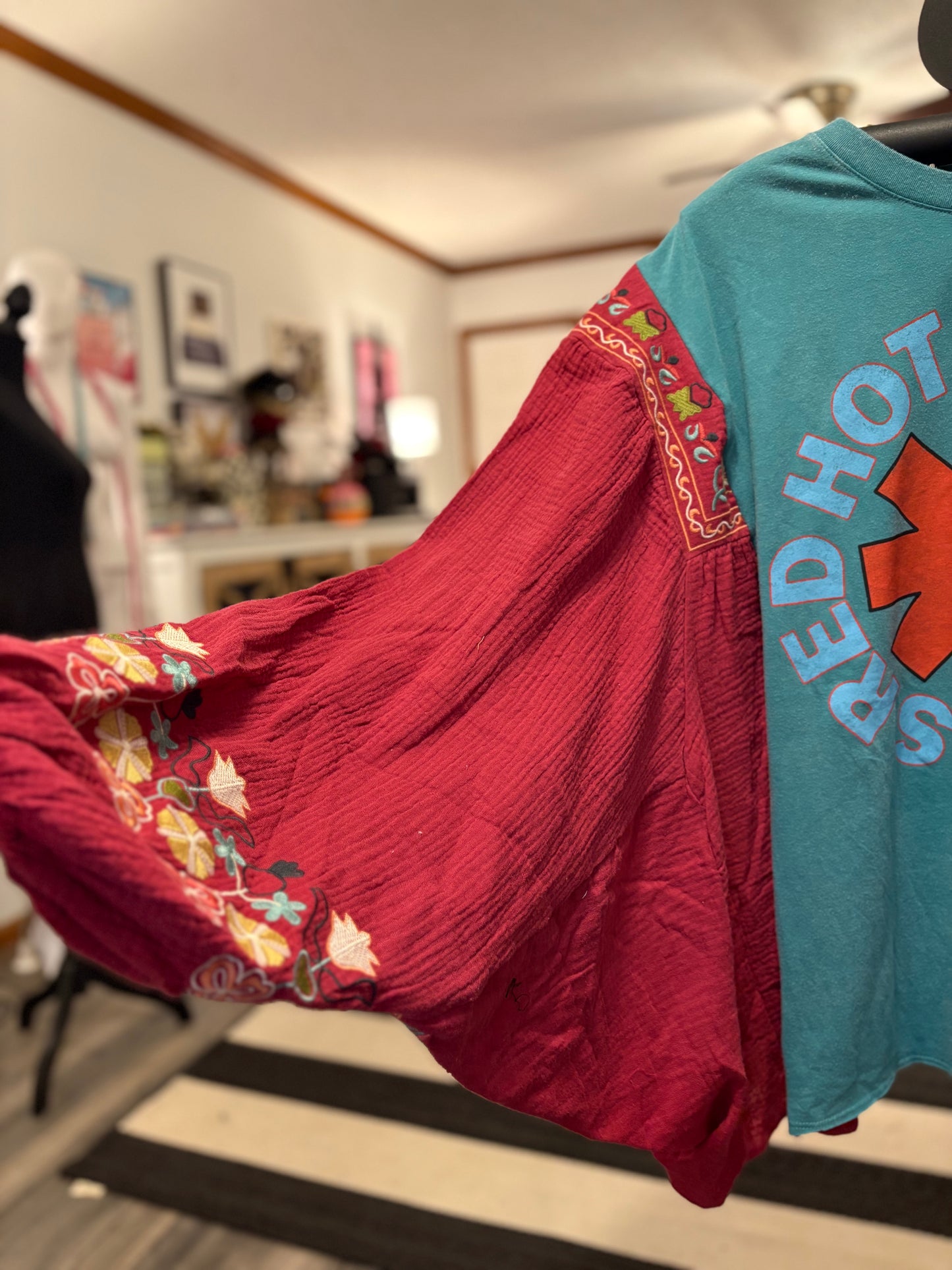 Red Hot Upcycled Drop Sleeve Embroidered Dolman Tee One Size Fits An XL to 4X Oversized