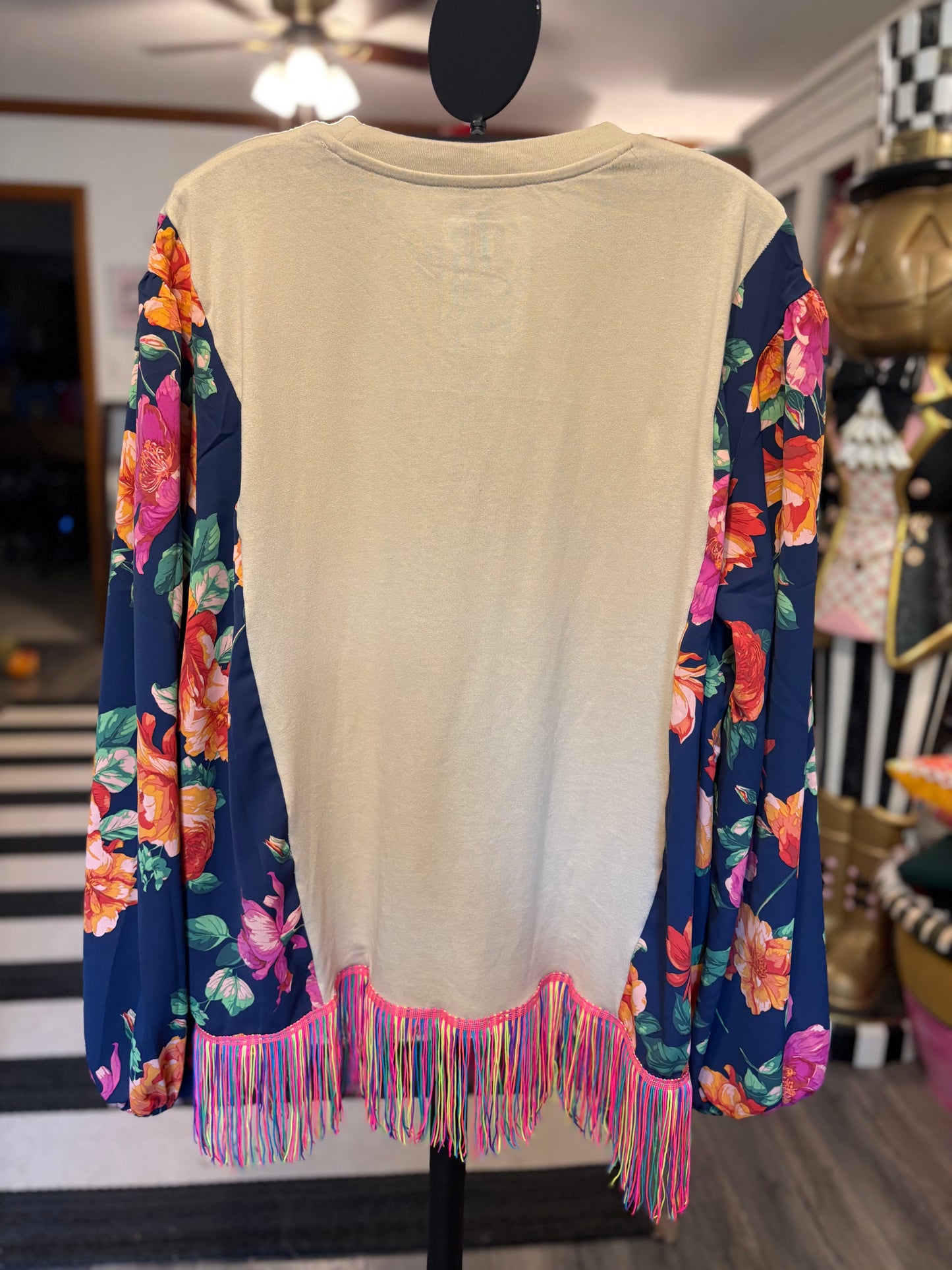 Space Cowgirl Upcycled Drop-Sleeve Tee  with Fringe One Size Fits a Small to XXL