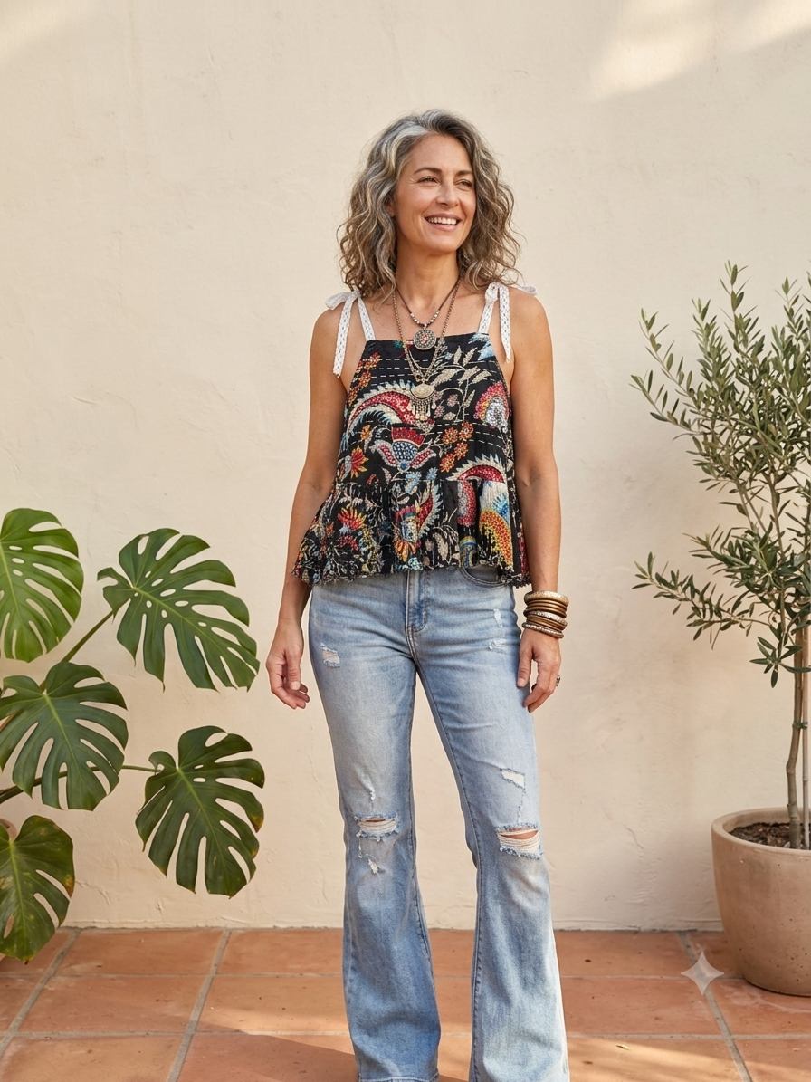 Sara Midnight Paisley Kantha Top One Size Fits Small to XL