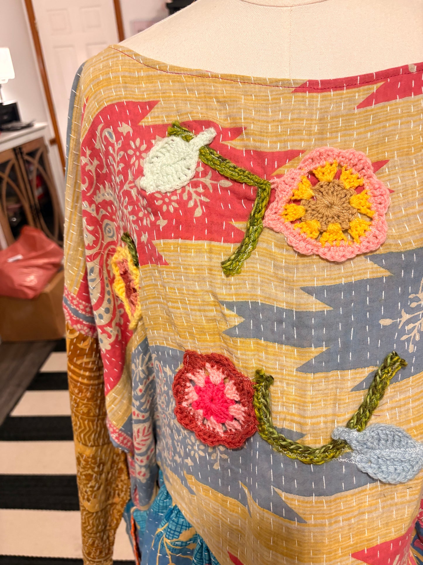 Crochet and Kantha Ruffled Hi/Lo Top