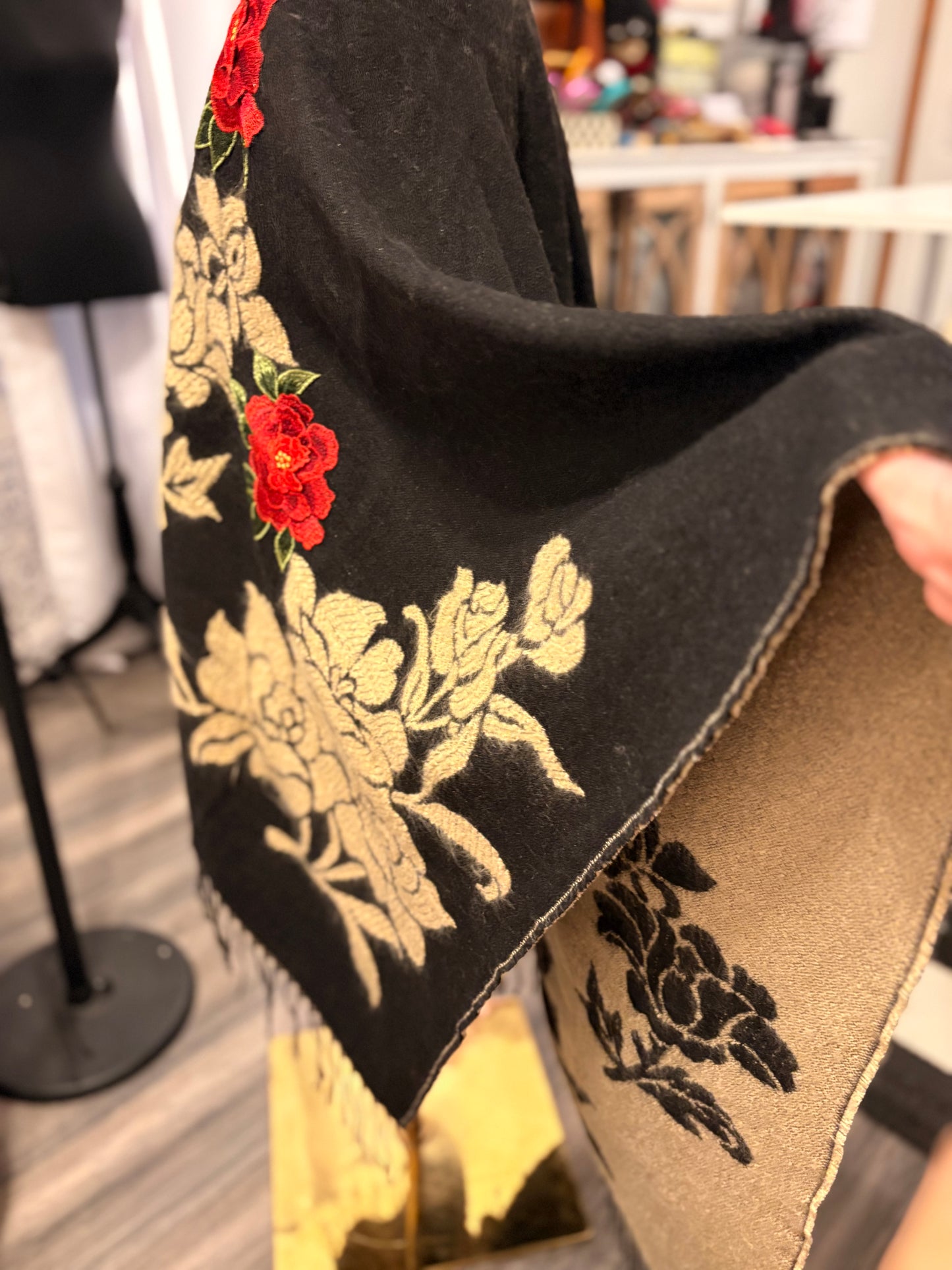 The Rose Hand Embroidered Poncho by Aratta One Size Fits a Small to 3X