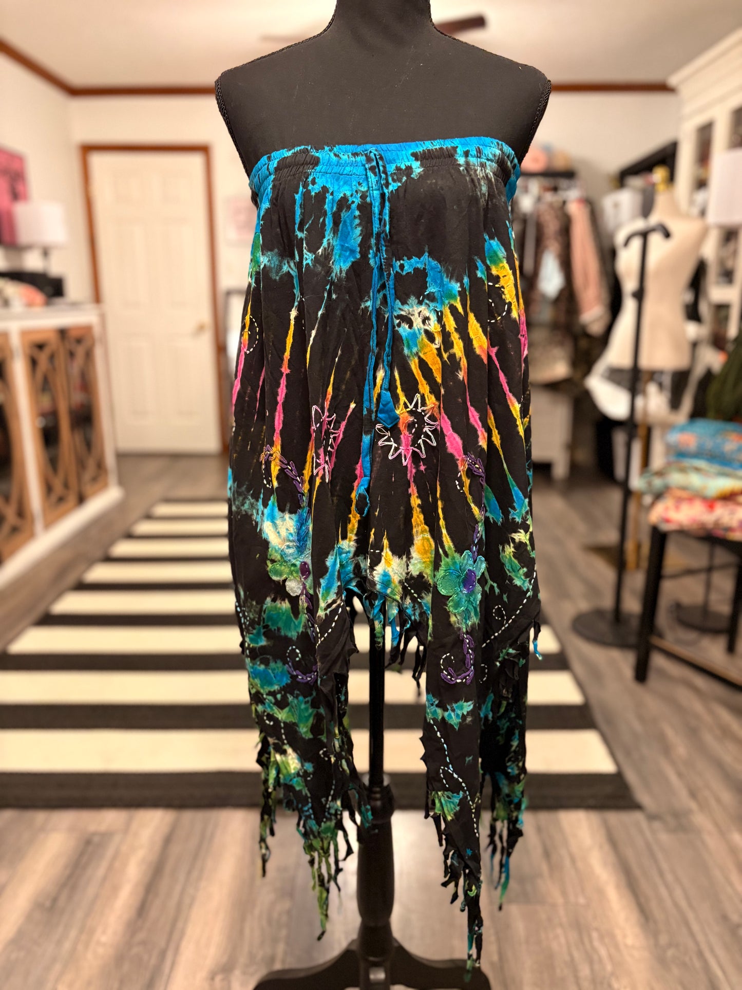 Blue Fairy Cotton Hippie Handmade Floral Embroidered Stone Washed Fringe Skirt: Tie Dye One Size Fits Small to XL
