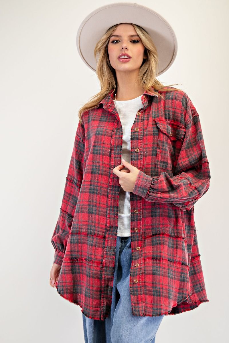 Red Plaid Frayed Long Flannel