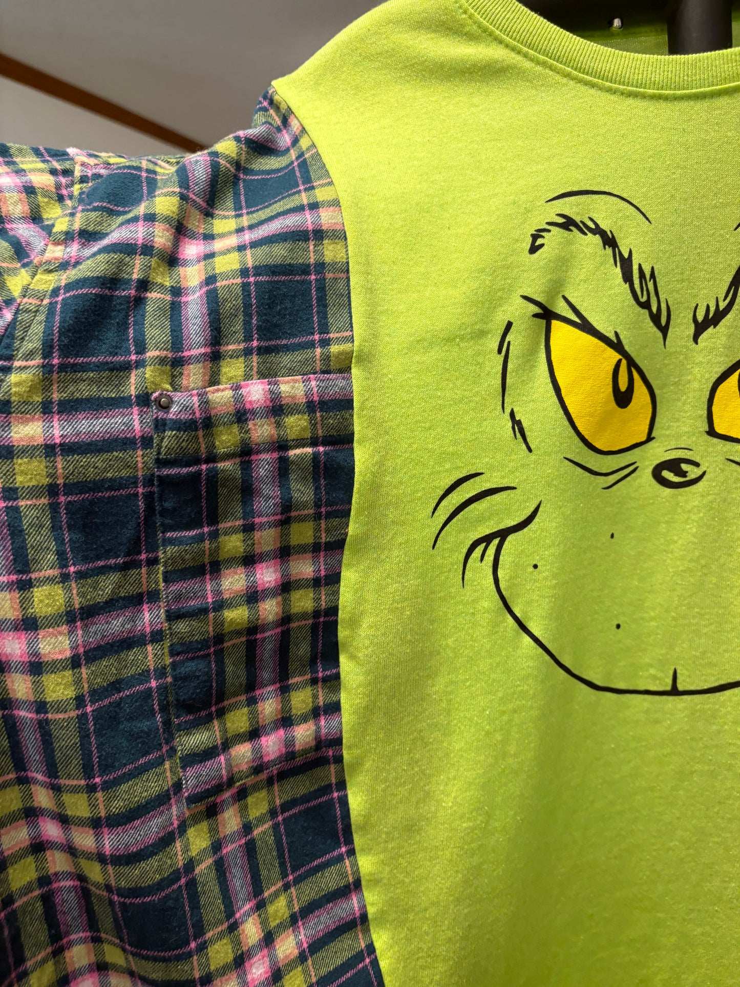 Grinch Upcycled Drop-Sleeve Flannel One Size Fits a Large to 3X