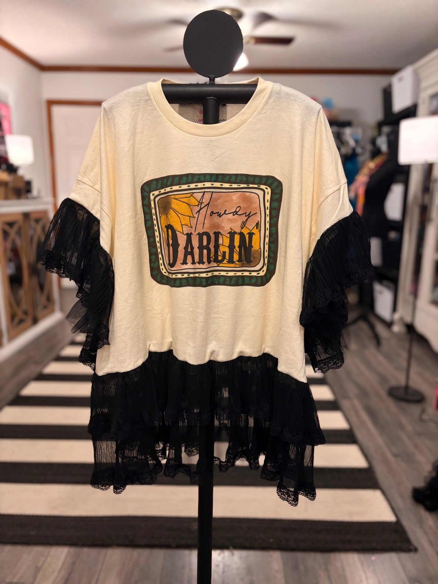 Howdy Darlin Upcycled Ruffled Boxy Top One Size Fits a Small to 3X