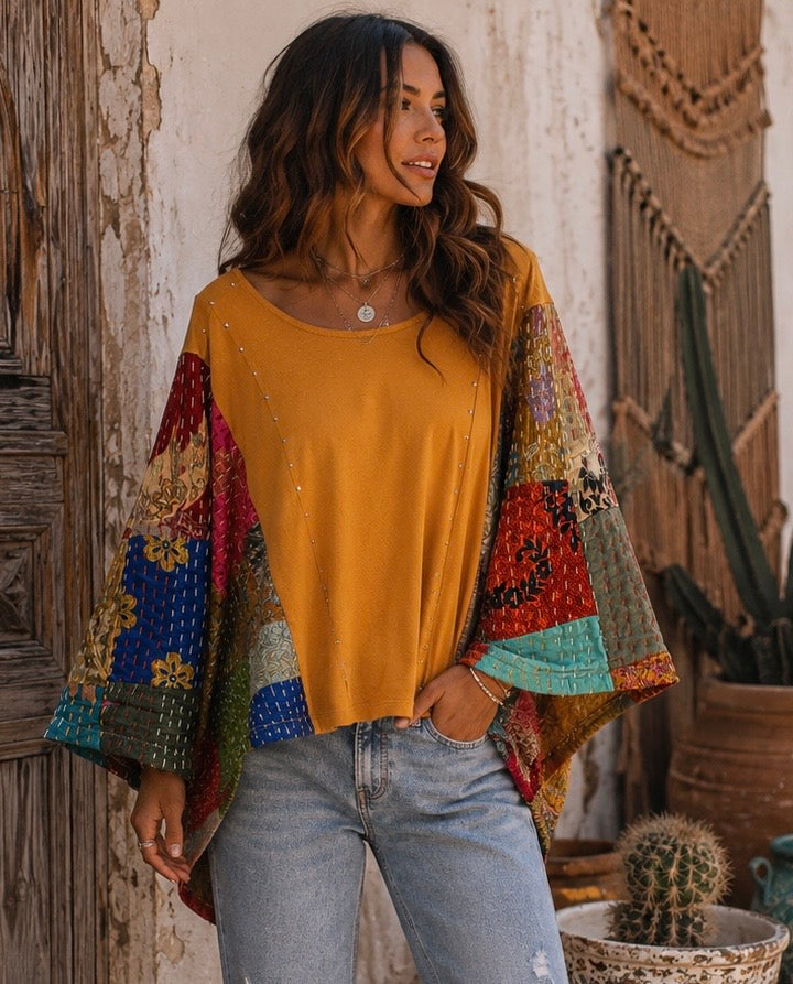 Lisa Silk Kantha Sleeve Poncho One Size Fits a Small to XL