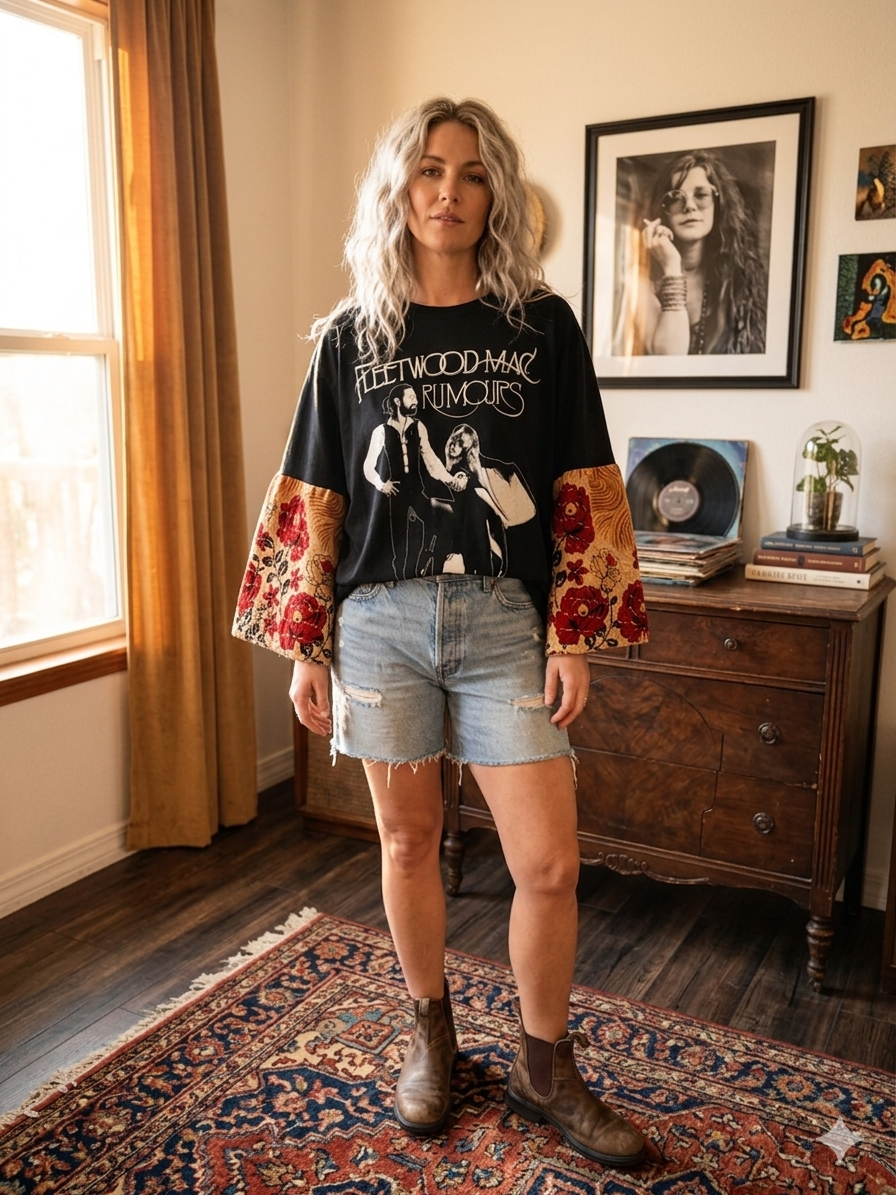 Rumors Upcycled Vintage Kantha Sleeve Tee Fits a Small to 2X