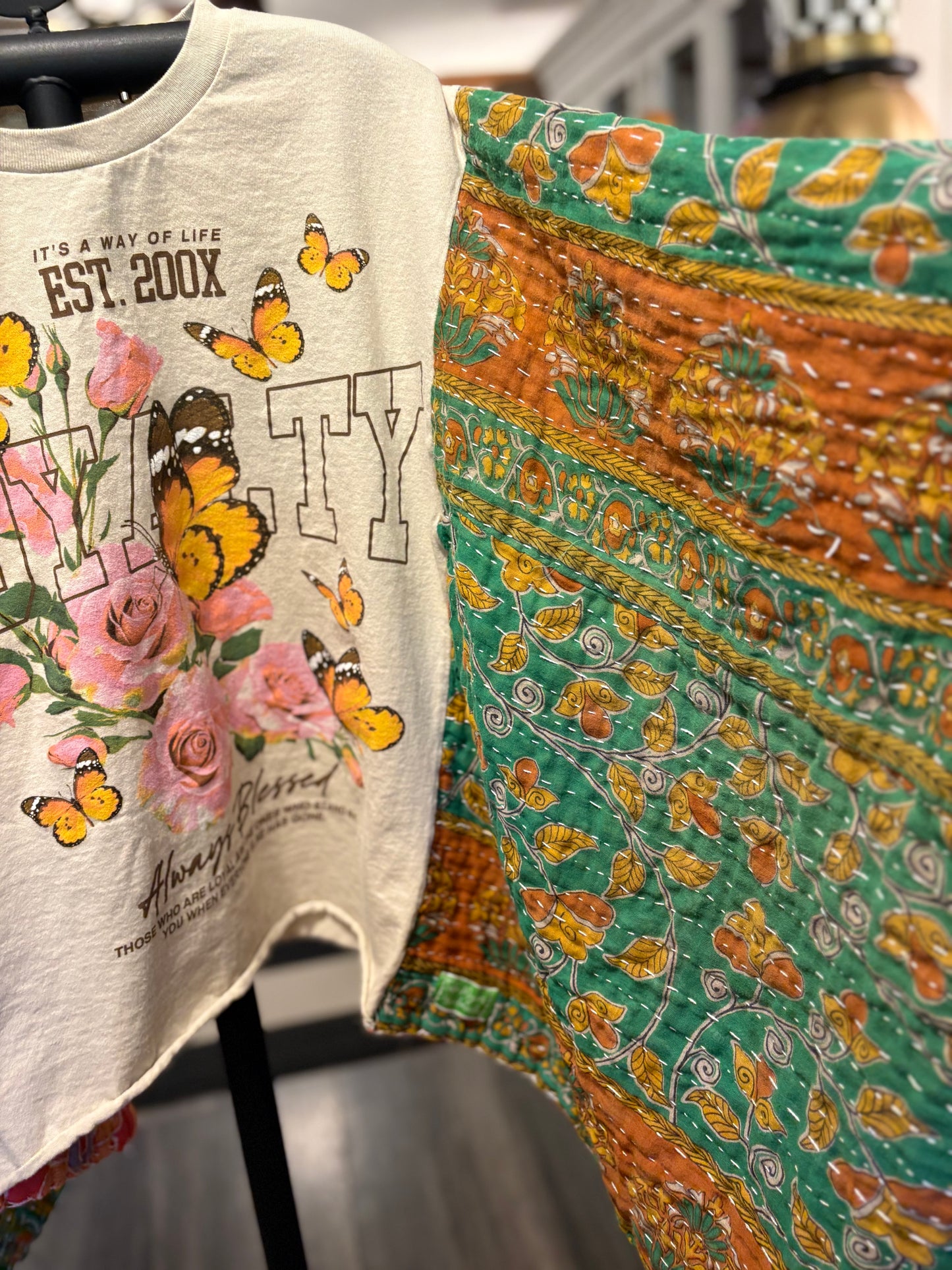 Always Blessed Upcycled Vintage Kantha Poncho Tee Fits A Small to XXL
