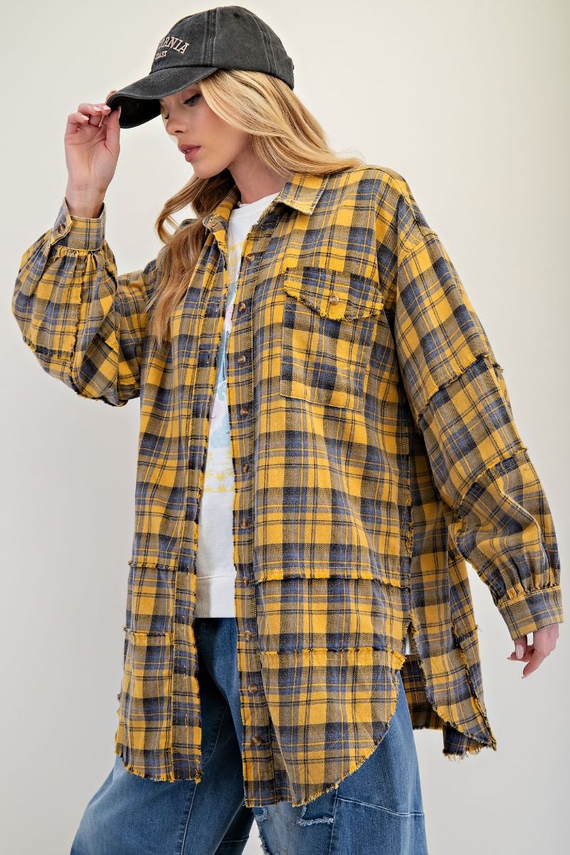 Yellow Plaid Frayed Long Flannel