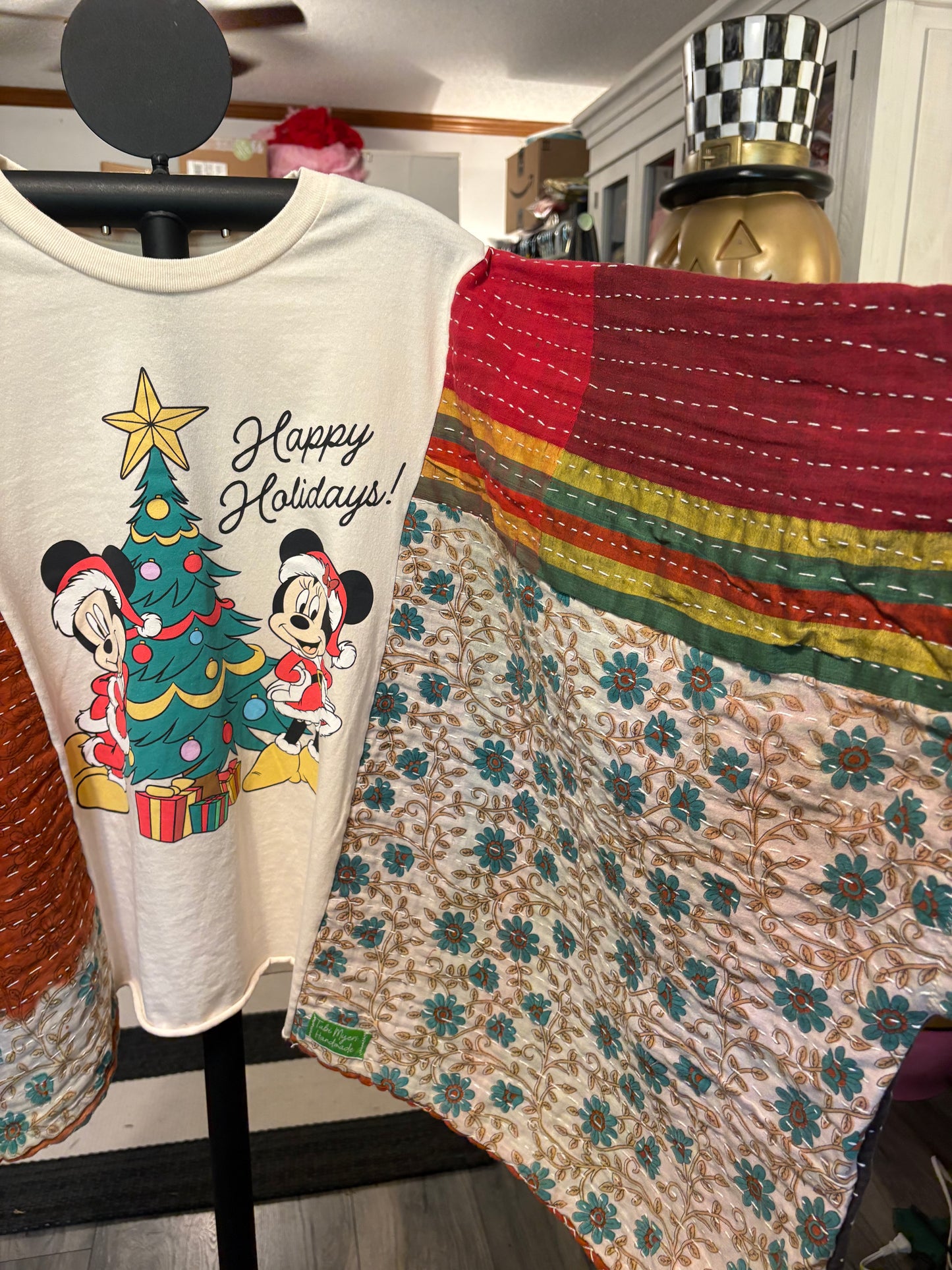 Mickey Christmas Upcycled Vintage Kantha Poncho Tee Fits A Size Small to XXL