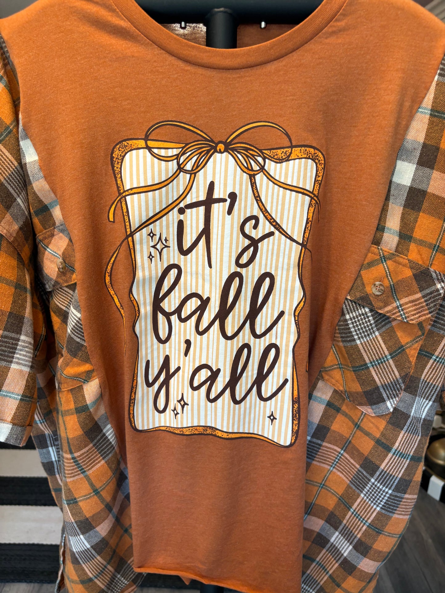 Fall Yall Upcycled Drop-Sleeve Flannel Tee One Size Fits a Small to XXL