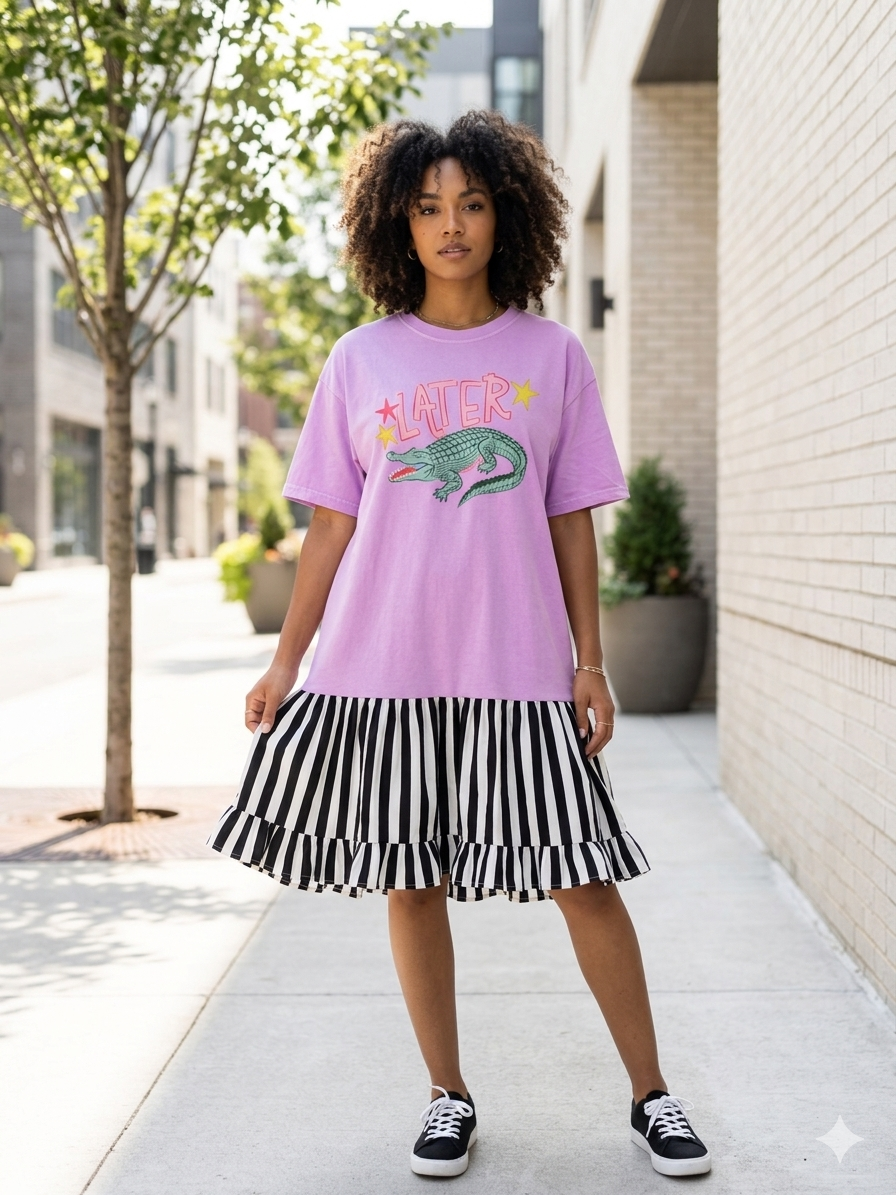 Gator Upcycled Ruffled Tee Dress Fits a Small to 2X