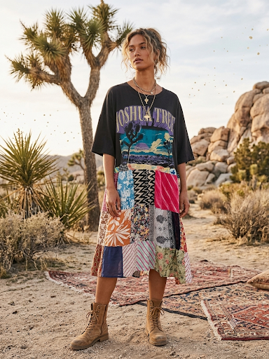 Joshua Tree Upcycled Vintage Patchwork Tee Dress Fits a Large to 2X