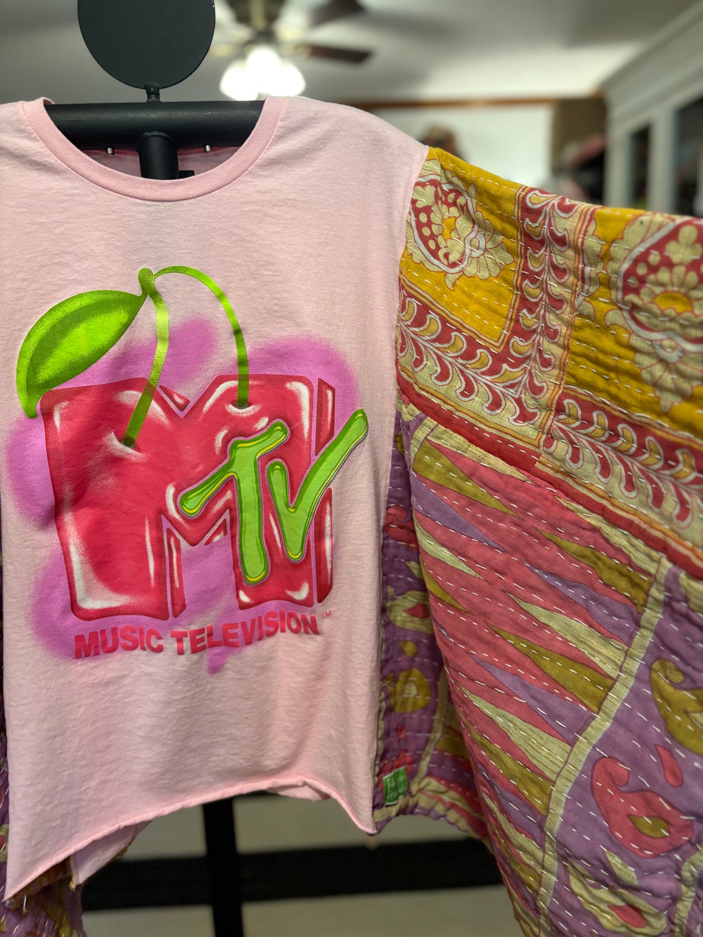 MTV Cherry Upcycled Vintage Kantha Poncho Tee Fits A Small to XXL Comfortably