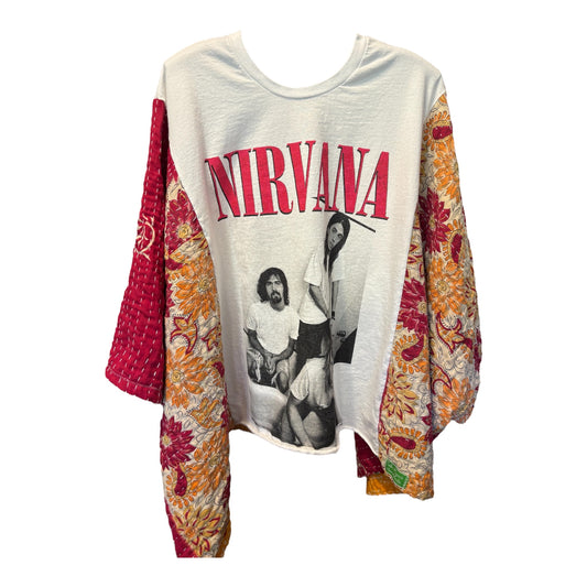Nirvana  Upcycled Vintage Kantha Poncho Tee Fits A Size Large to 4X
