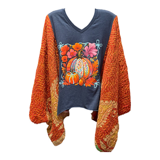 The Harvest Upcycled Vintage Kantha Poncho Tee Fits A Size Small to XXL