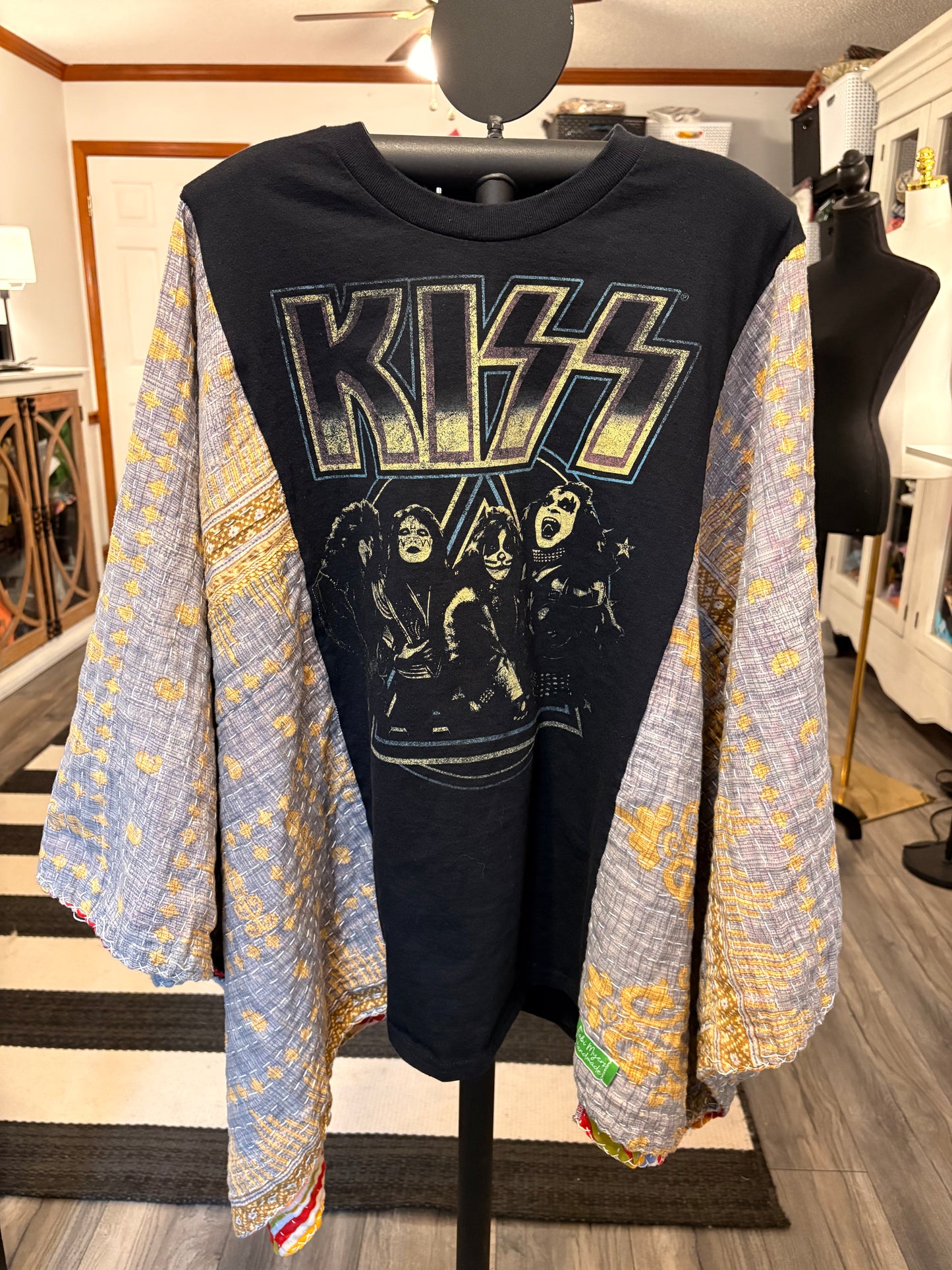 Kiss Upcycled Vintage Kantha Quilt Poncho Tee One Size Fits a Large to 3X