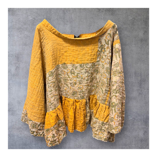 Sunflowers Upcycled Vintage Kantha Quilt ART Layering Top One Size Fits A Small to XXL Oversized Short Length