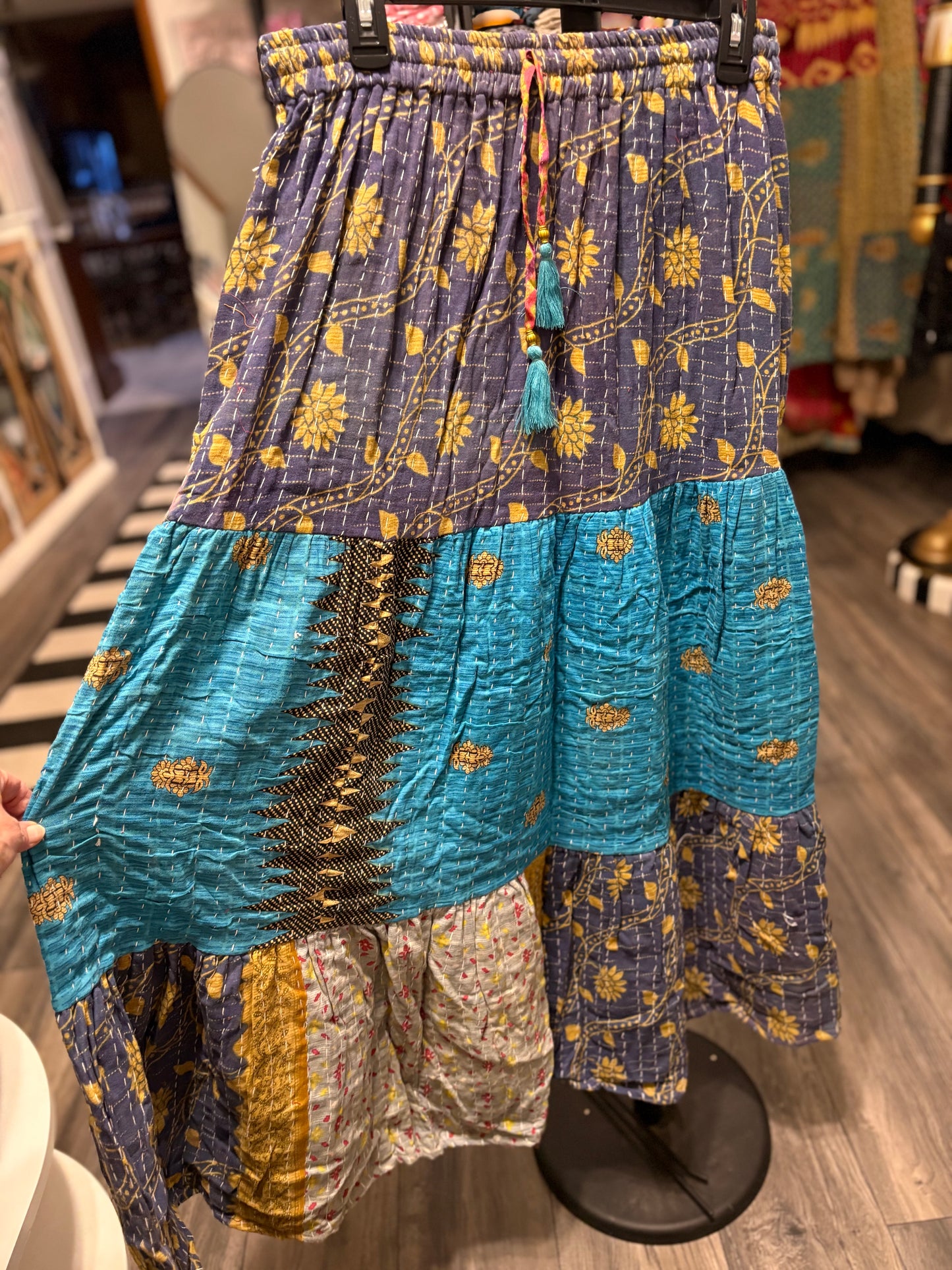 Vintage Kantha Boho Long Maxi Skirt with Pockets