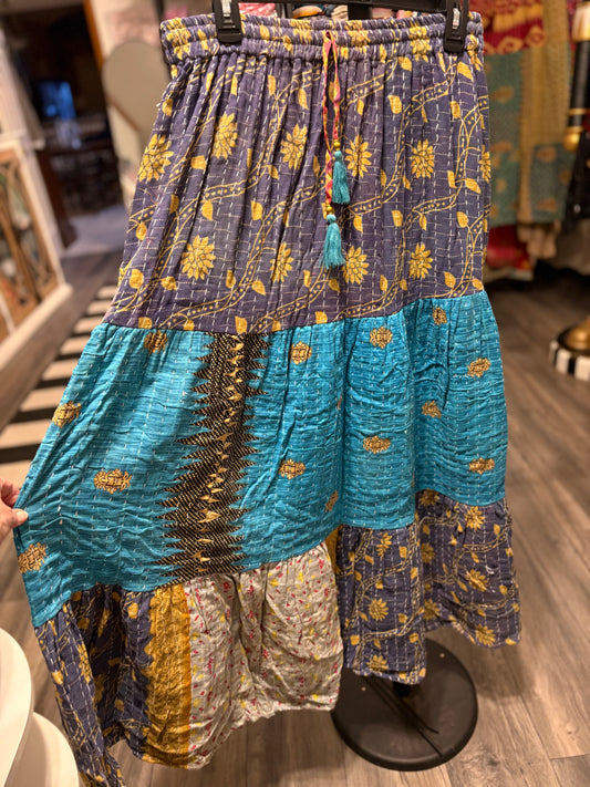 Vintage Kantha Boho Long Maxi Skirt with Pockets