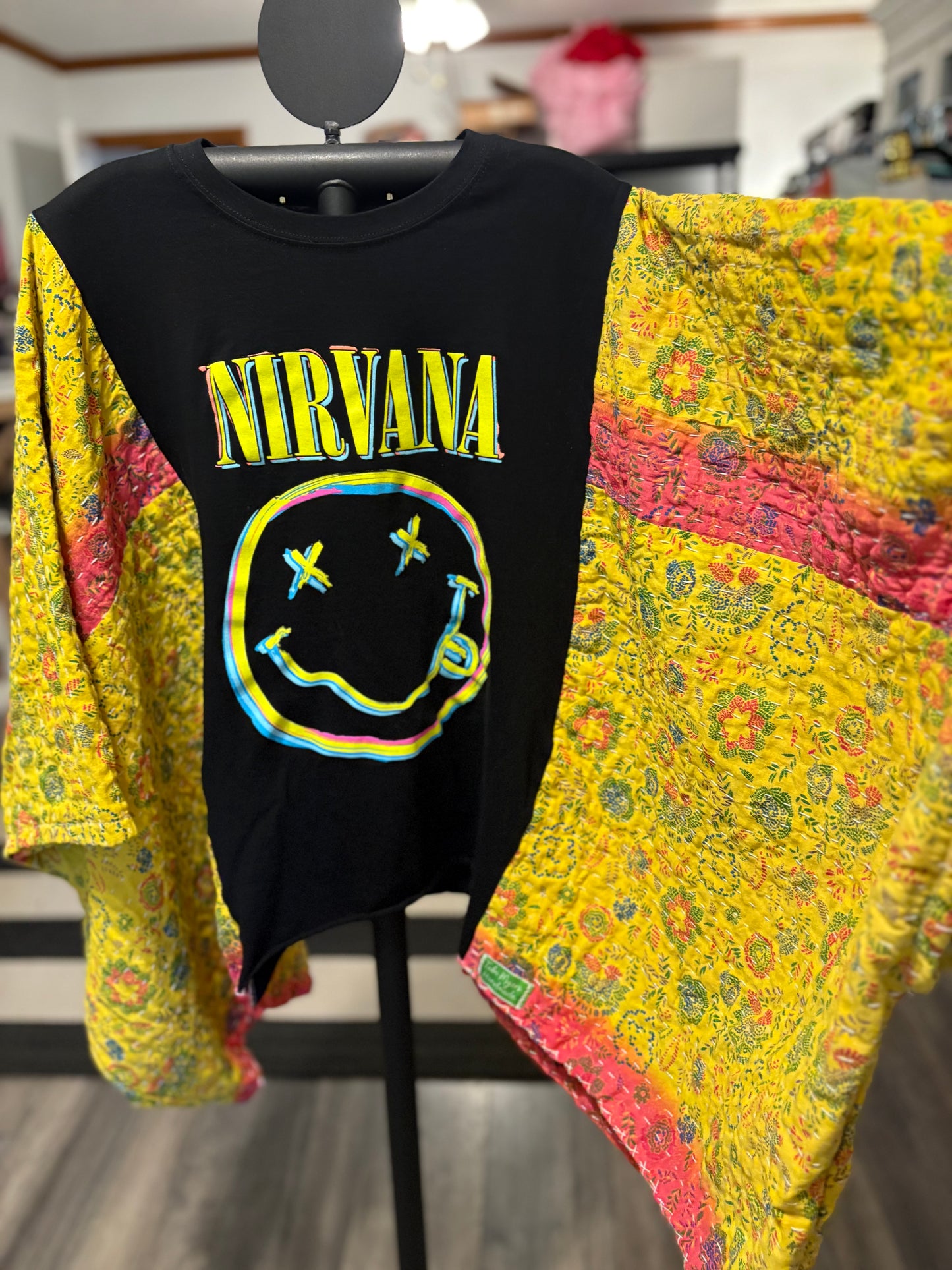Nirvana Upcycled Vintage Kantha Poncho Tee Fits A Size Small to XXL