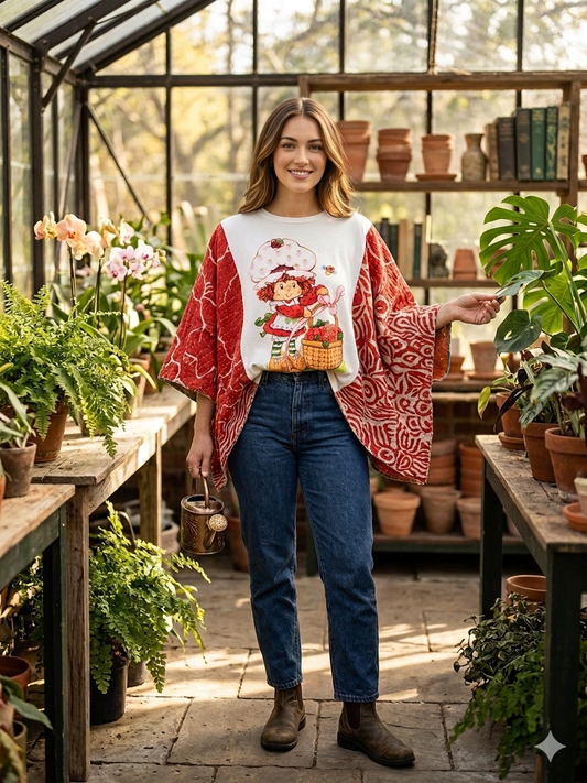 Strawberry Shortcake Upcycled Kantha Poncho One Size Fits a Small to 2X