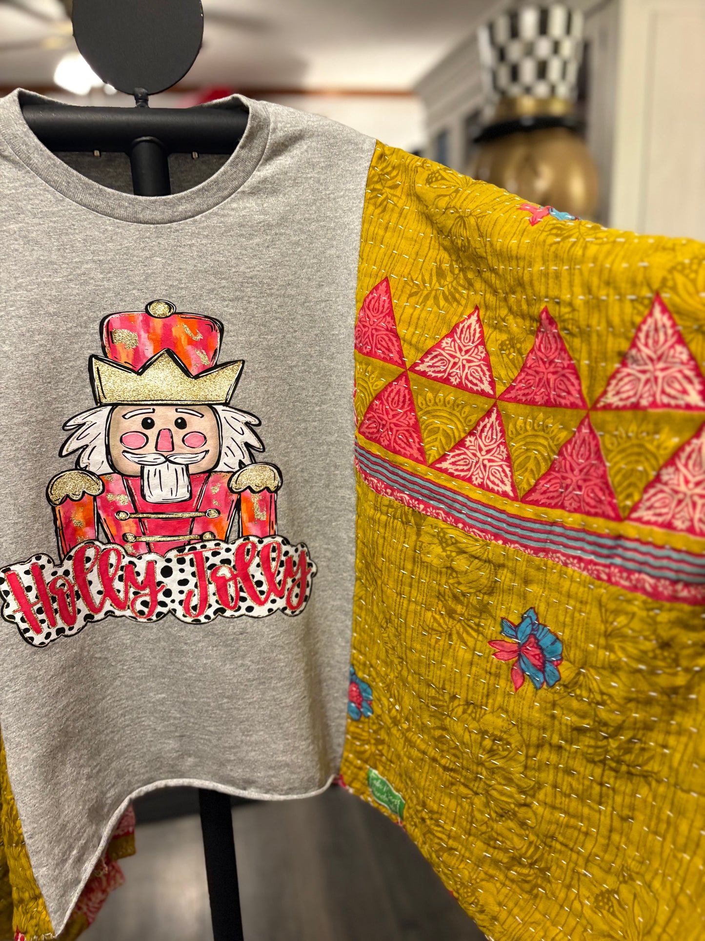 Holly Jolly Upcycled Vintage Kantha Poncho Tee Fits A Size Small to XXL