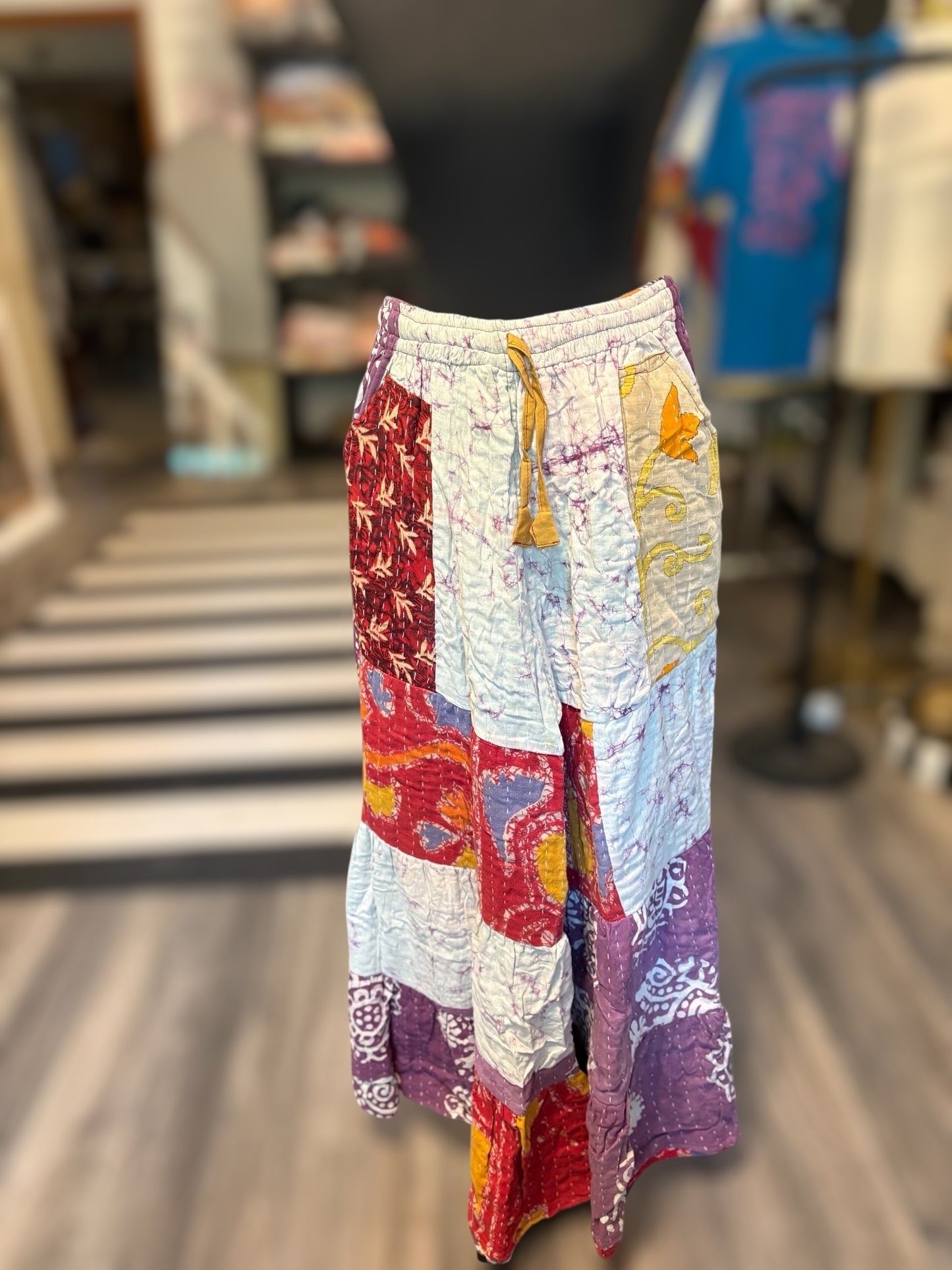 Raven Kantha Flowy Tiered Reversible Palazzo Pant with Pockets: One Size Fits Size 6-16